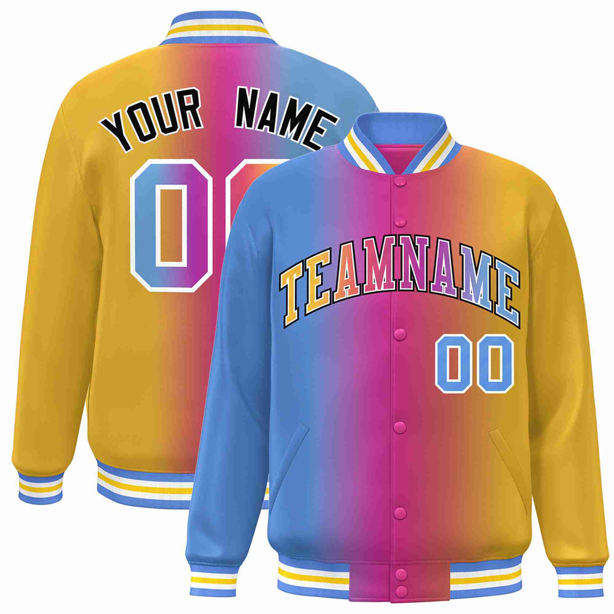 Custom Light Blue Purple-Yellow-White Gradient Fashion Letterman Bomber Varsity Jacket