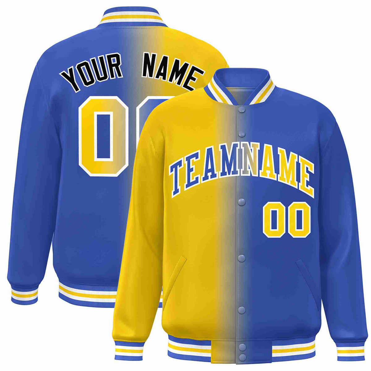 Custom Yellow Royal-White Gradient Fashion Letterman Bomber Varsity Jacket