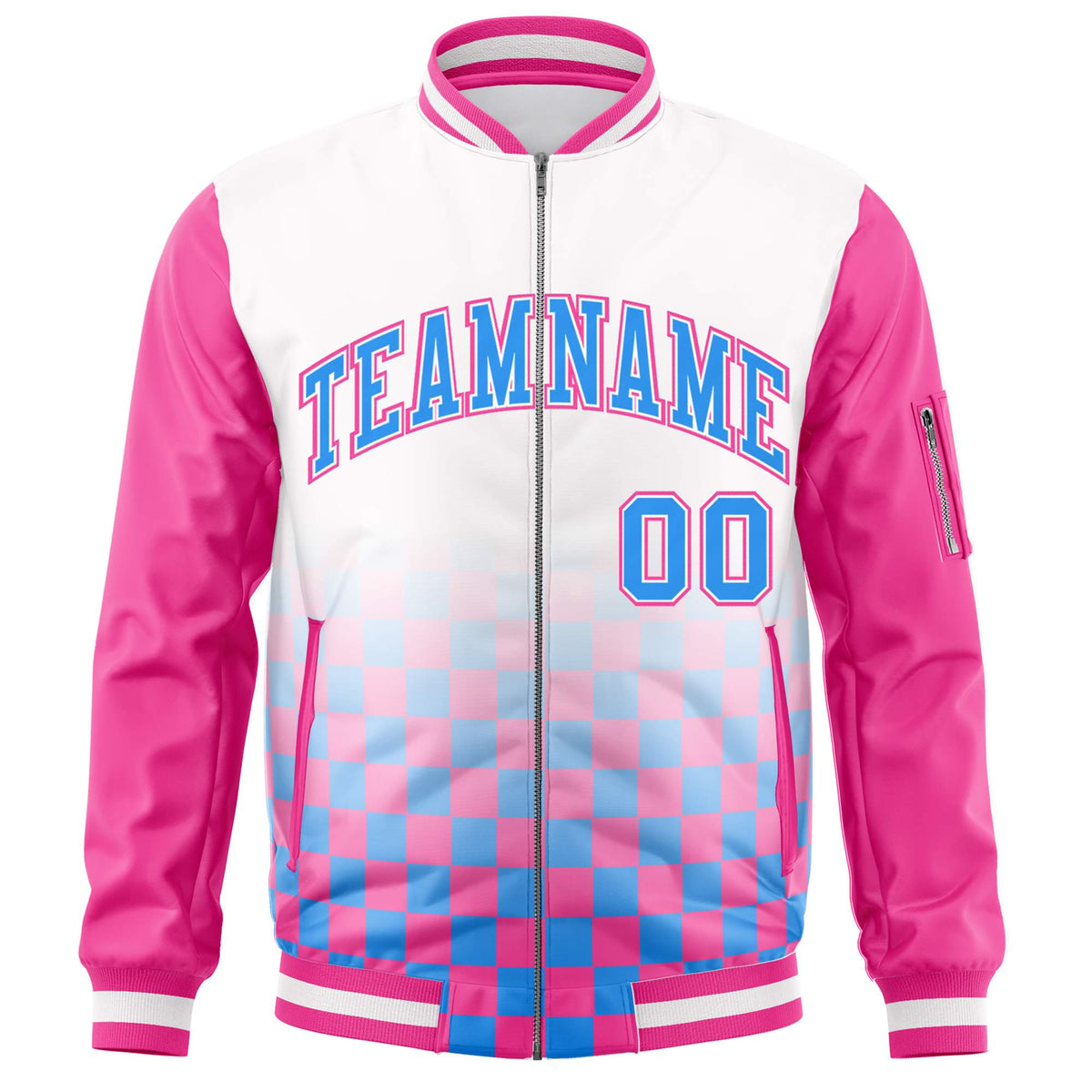 Custom White Powder Blue-Pink Grid Varsity Full-Zip Color Block Letterman Raglan Sleeve Jacket