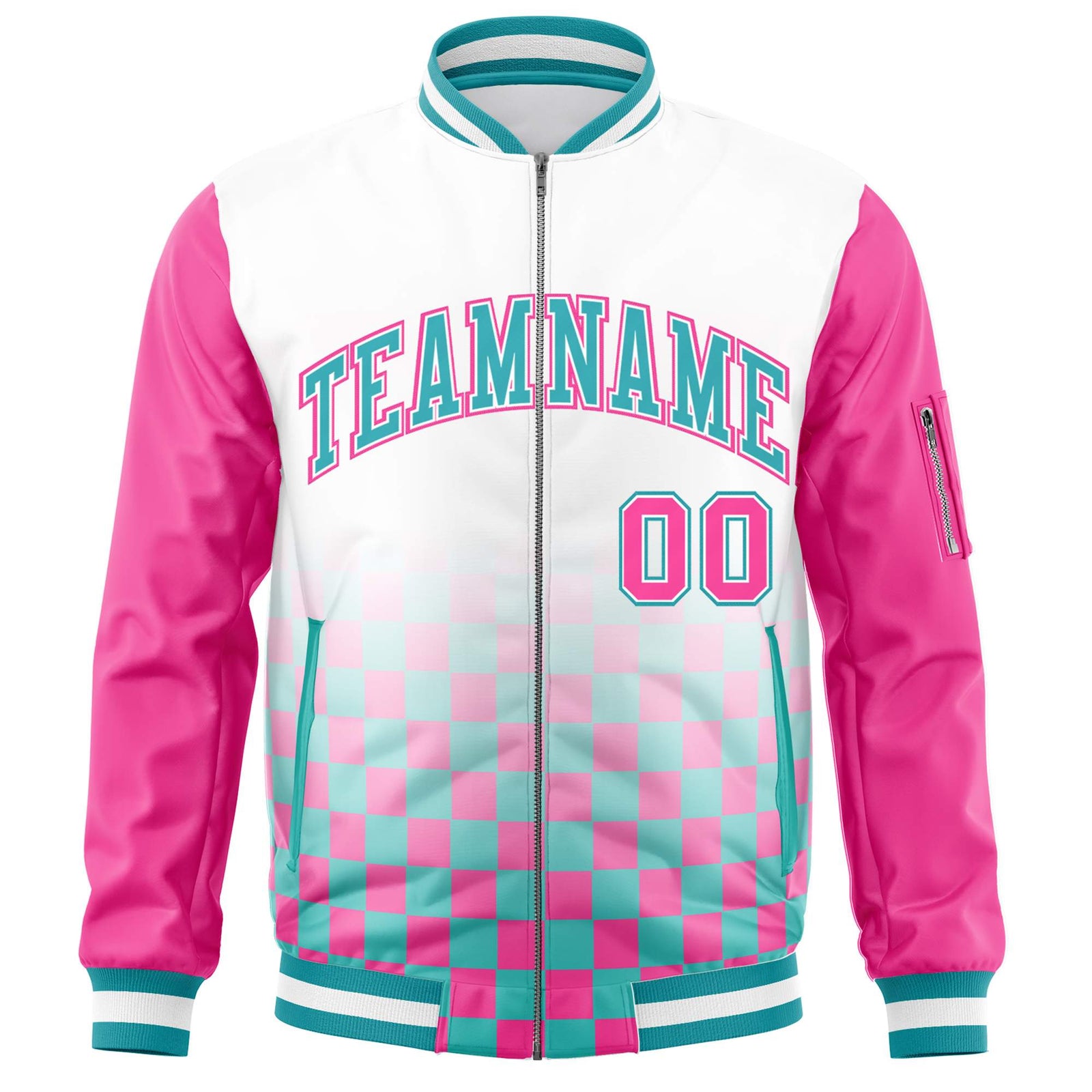 Custom White Aqua-Pink Grid Varsity Full-Zip Color Block Letterman Raglan Sleeve Jacket