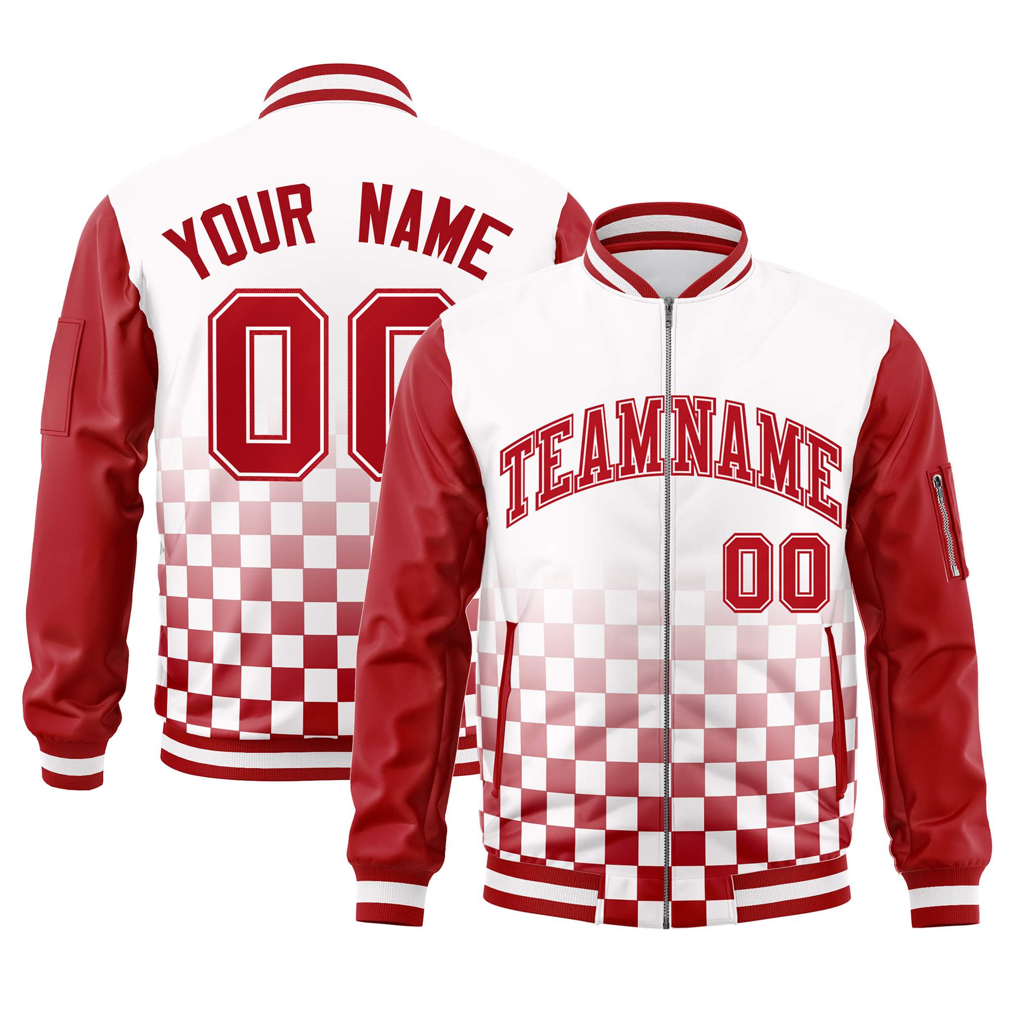 Custom White Red Grid Varsity Full-Zip Color Block Letterman Raglan Sleeve Jacket