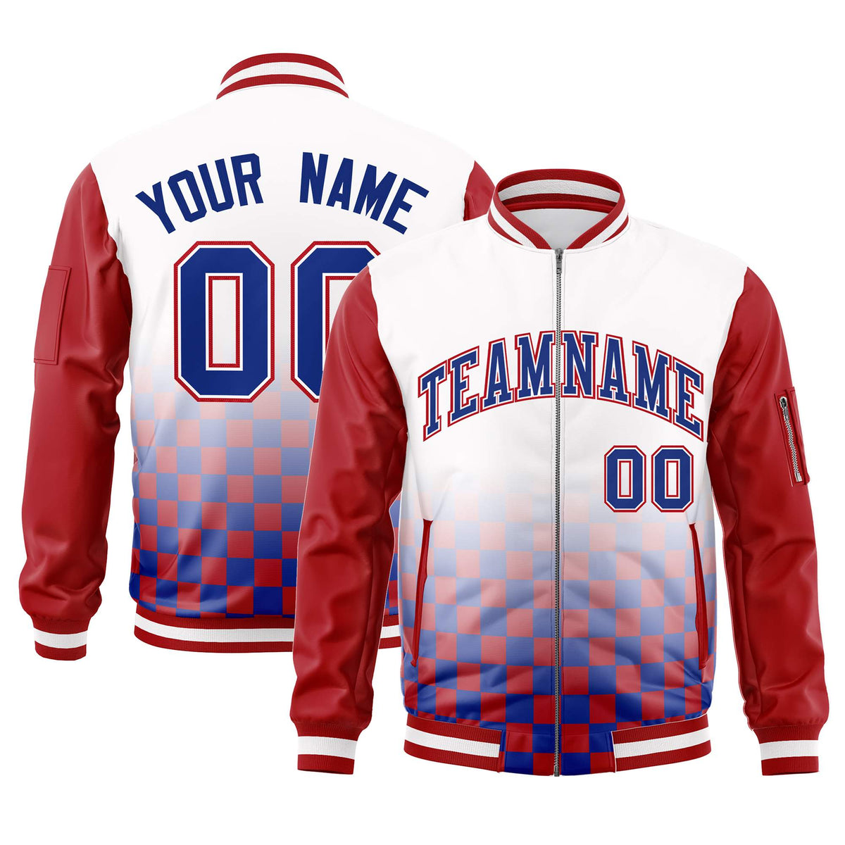 Custom White Royal-Red Grid Varsity Full-Zip Color Block Letterman Raglan Sleeve Jacket