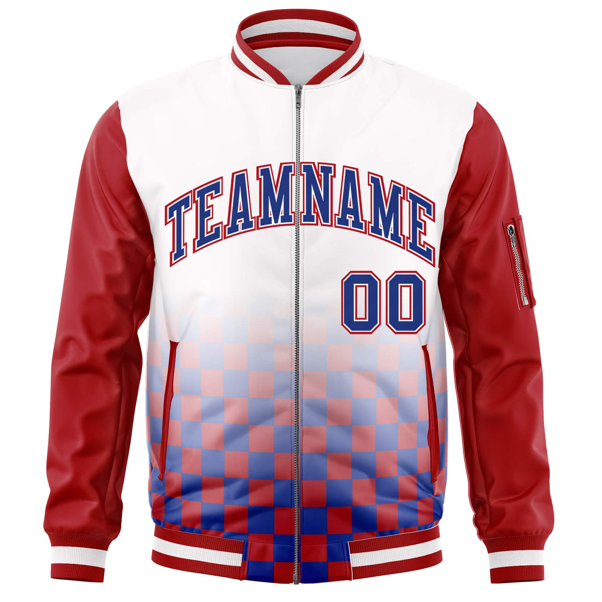 Custom White Royal-Red Grid Varsity Full-Zip Color Block Letterman Raglan Sleeve Jacket