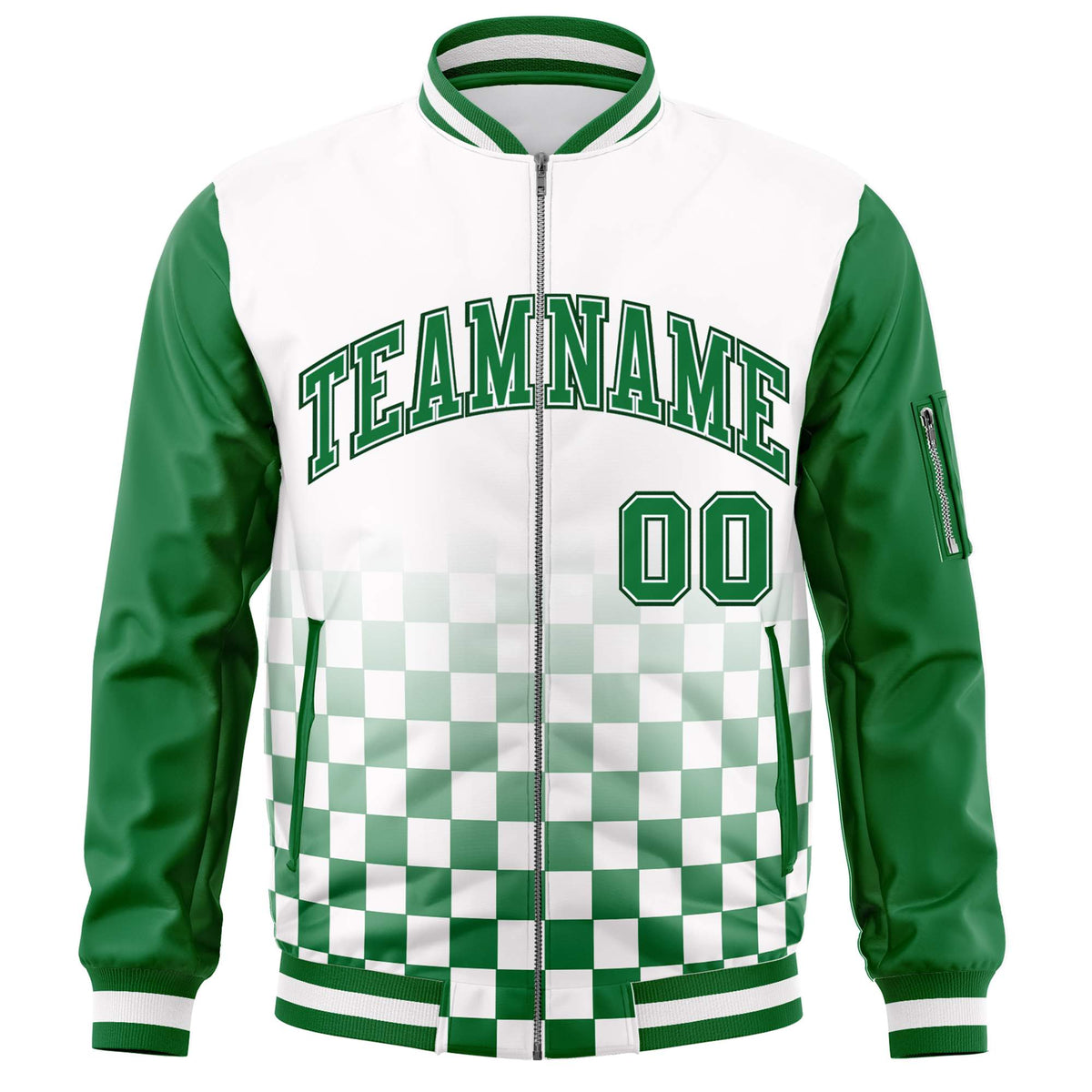 Custom White Green Grid Varsity Full-Zip Color Block Letterman Raglan Sleeve Jacket