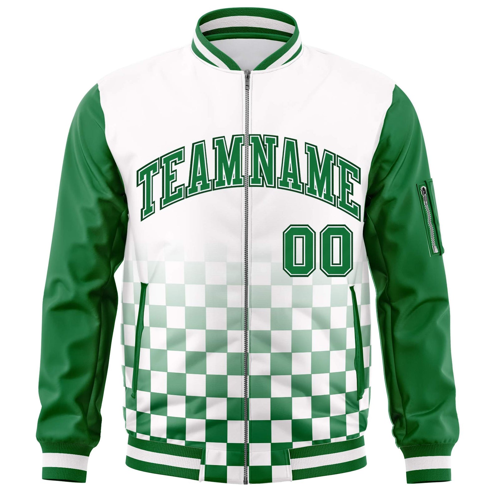 Custom White Green Grid Varsity Full-Zip Color Block Letterman Raglan Sleeve Jacket