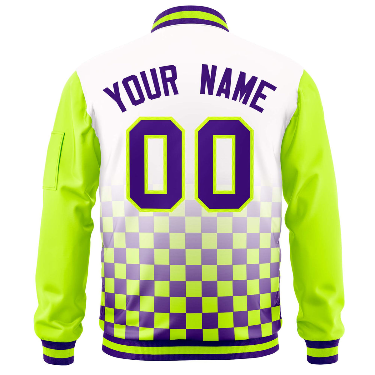 Custom White Purple-Neon Green Grid Varsity Full-Zip Color Block Letterman Raglan Sleeve Jacket