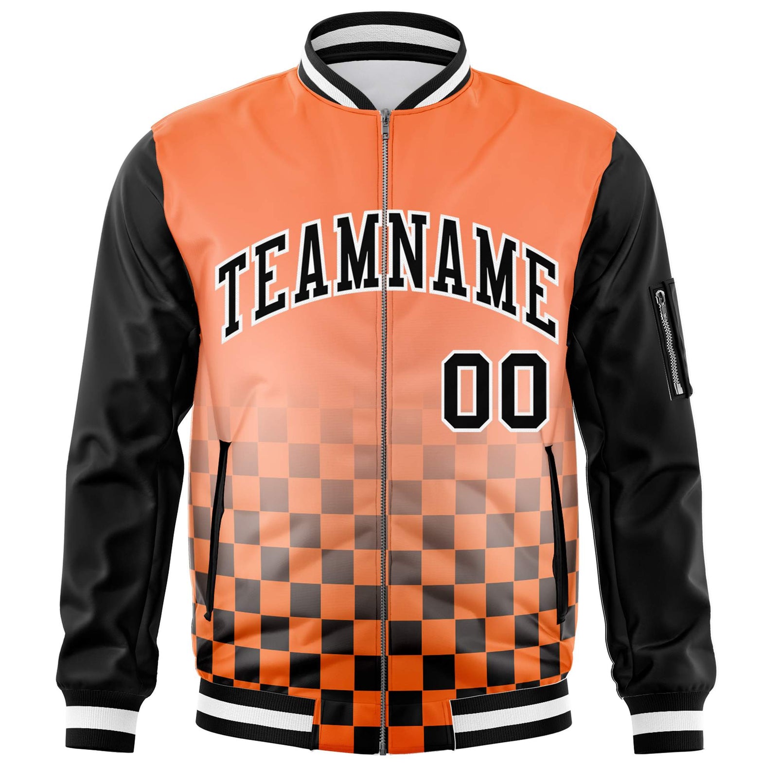 Custom Orange Black-White Grid Varsity Full-Zip Color Block Letterman Raglan Sleeve Jacket