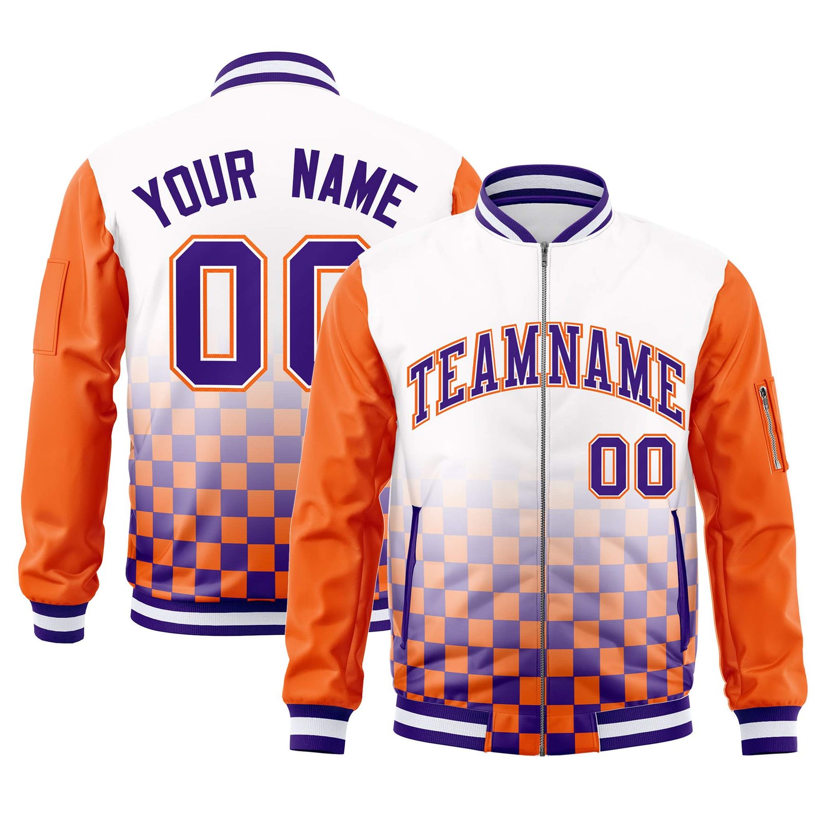 Custom White Purple-Orange Grid Varsity Full-Zip Color Block Letterman Raglan Sleeve Jacket