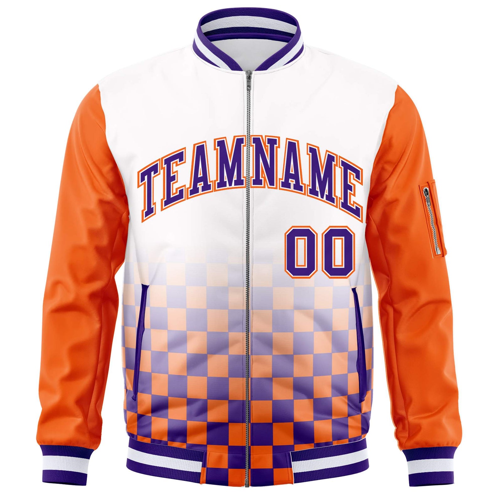 Custom White Purple-Orange Grid Varsity Full-Zip Color Block Letterman Raglan Sleeve Jacket