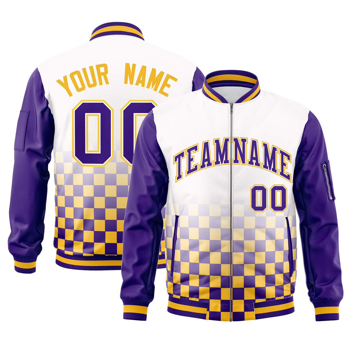 Custom White Purple-Gold Grid Varsity Full-Zip Color Block Letterman Raglan Sleeve Jacket