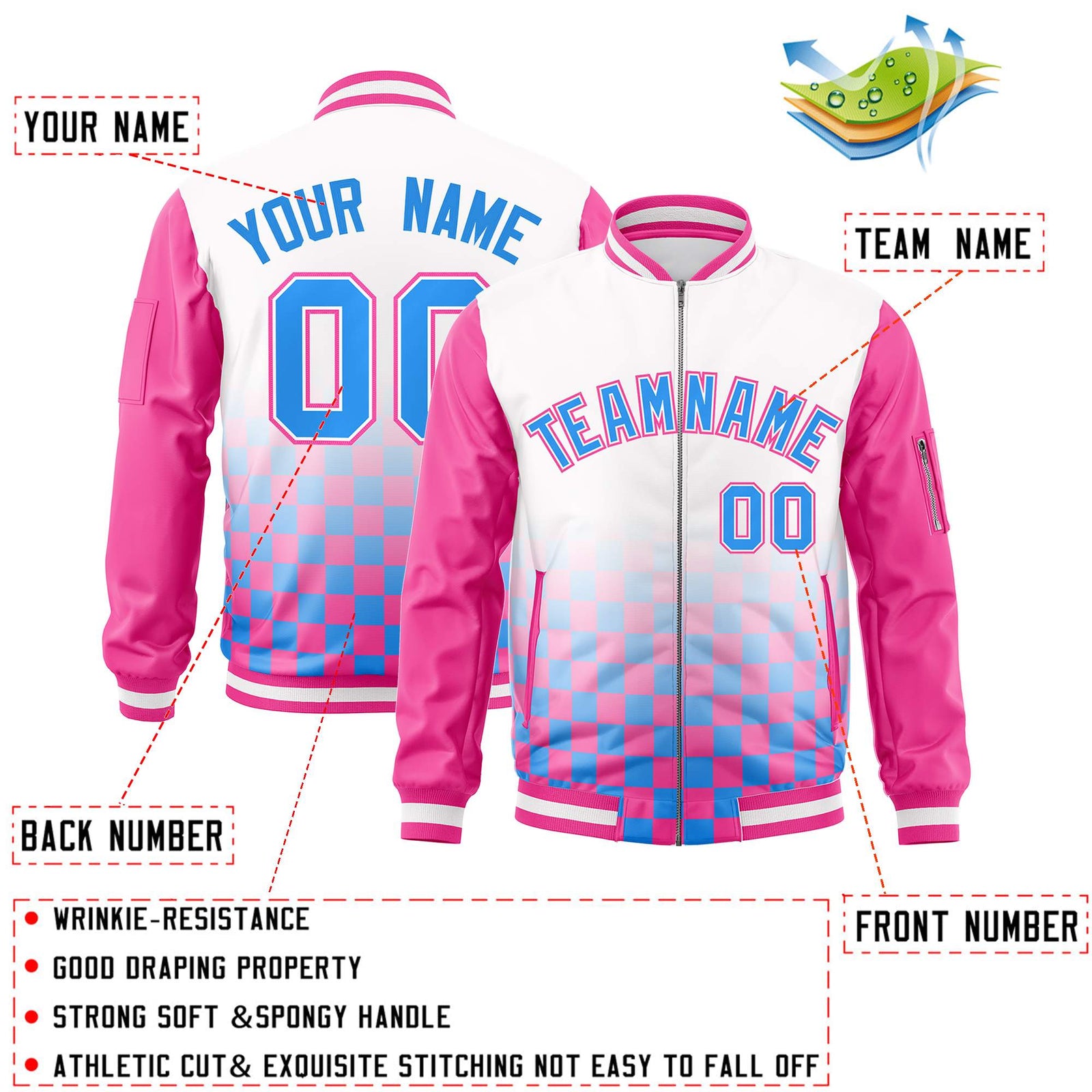 Custom White Powder Blue-Pink Grid Varsity Full-Zip Color Block Letterman Raglan Sleeve Jacket
