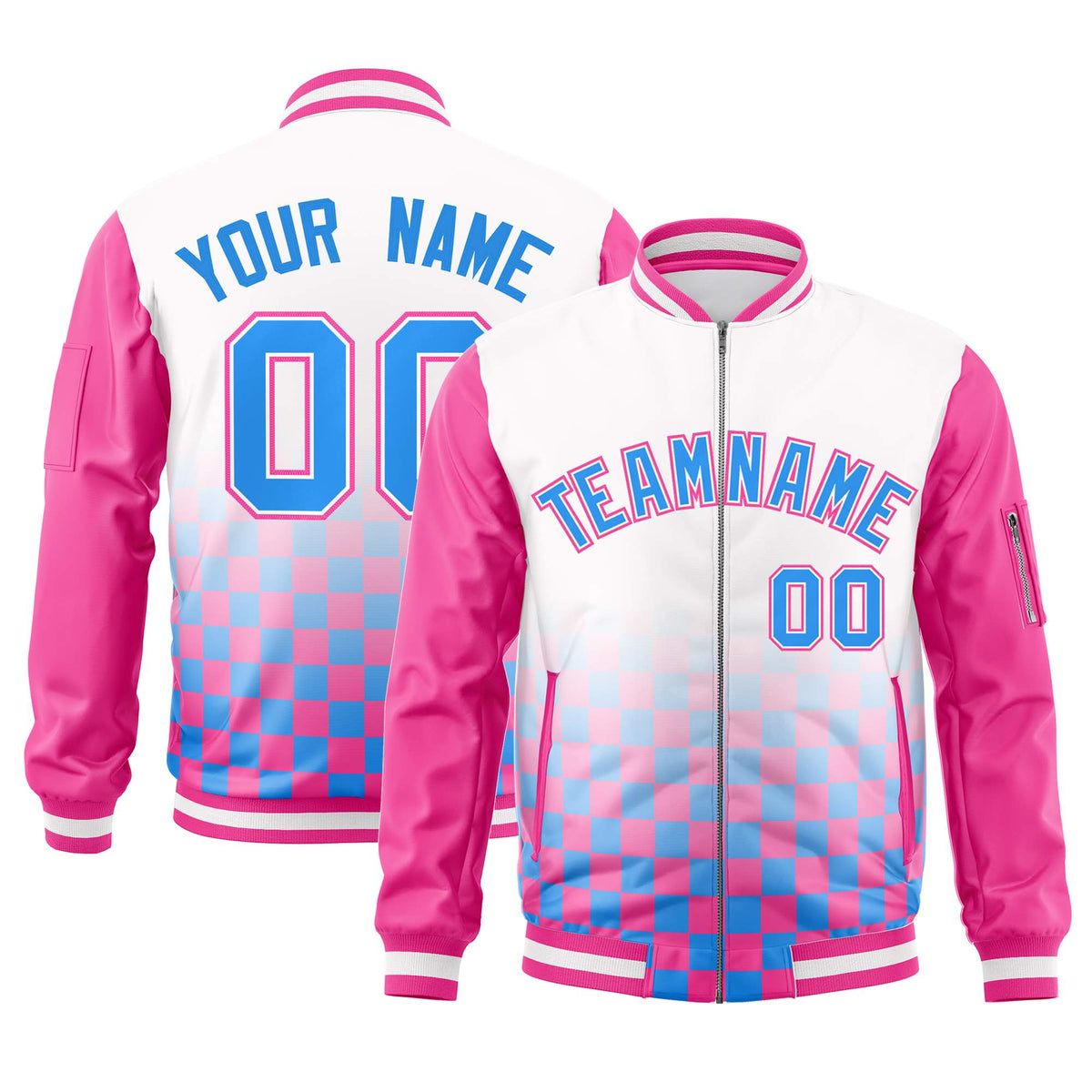 Custom White Powder Blue-Pink Grid Varsity Full-Zip Color Block Letterman Raglan Sleeve Jacket