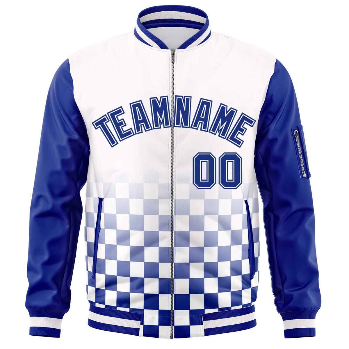 Custom White Royal Grid Varsity Full-Zip Color Block Letterman Raglan Sleeve Jacket