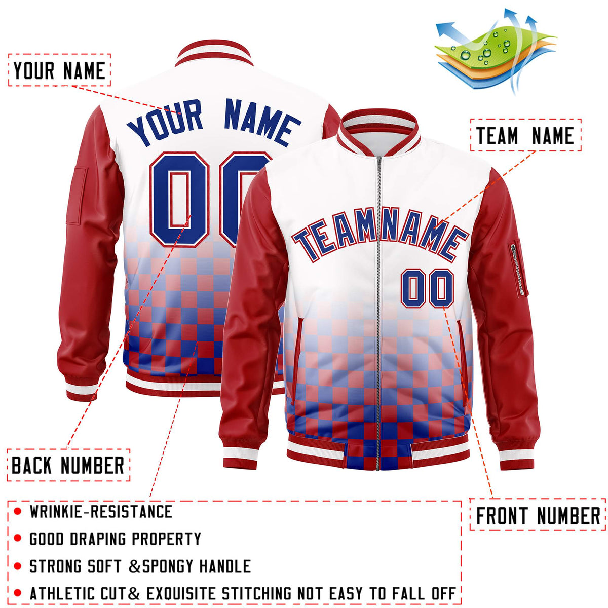 Custom White Royal-Red Grid Varsity Full-Zip Color Block Letterman Raglan Sleeve Jacket