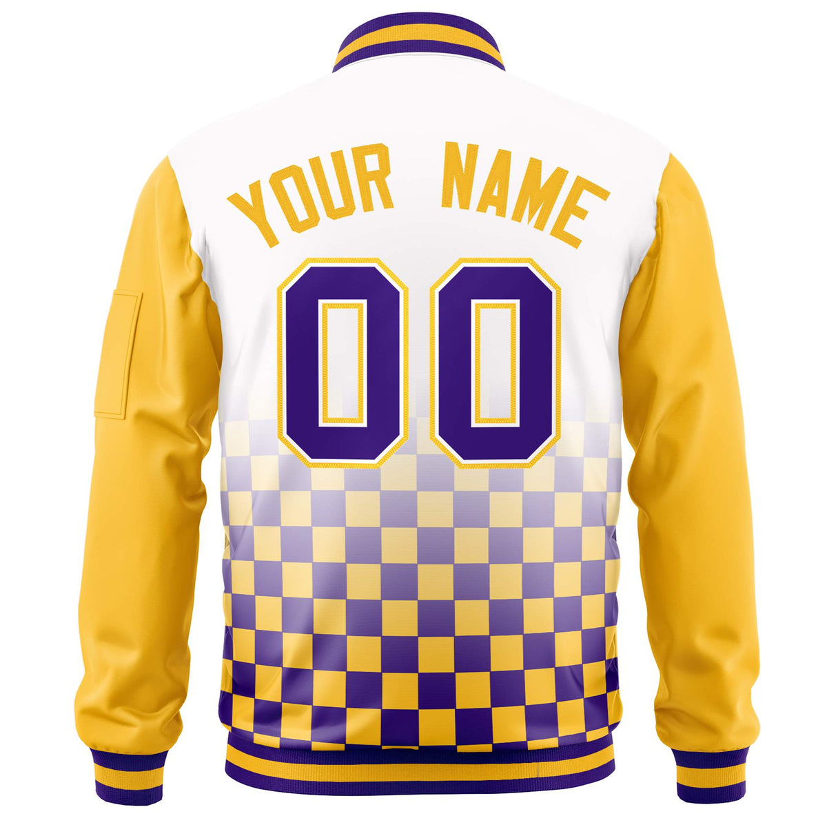 Custom White Purple-Gold Grid Varsity Full-Zip Color Block Letterman Raglan Sleeve Jacket