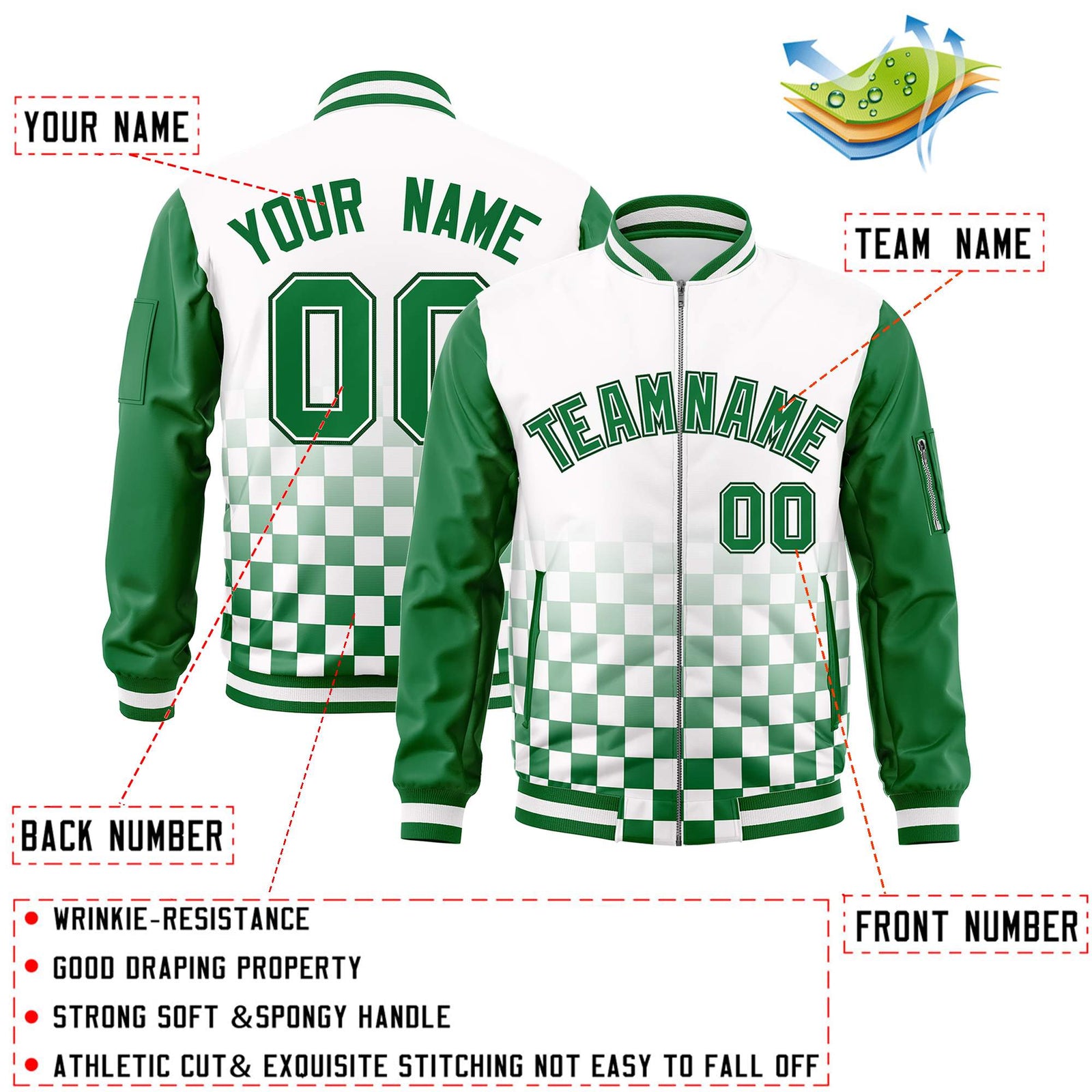 Custom White Green Grid Varsity Full-Zip Color Block Letterman Raglan Sleeve Jacket