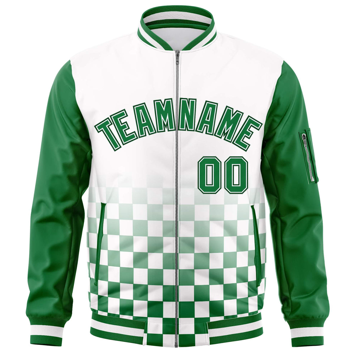 Custom White Green Grid Varsity Full-Zip Color Block Letterman Raglan Sleeve Jacket