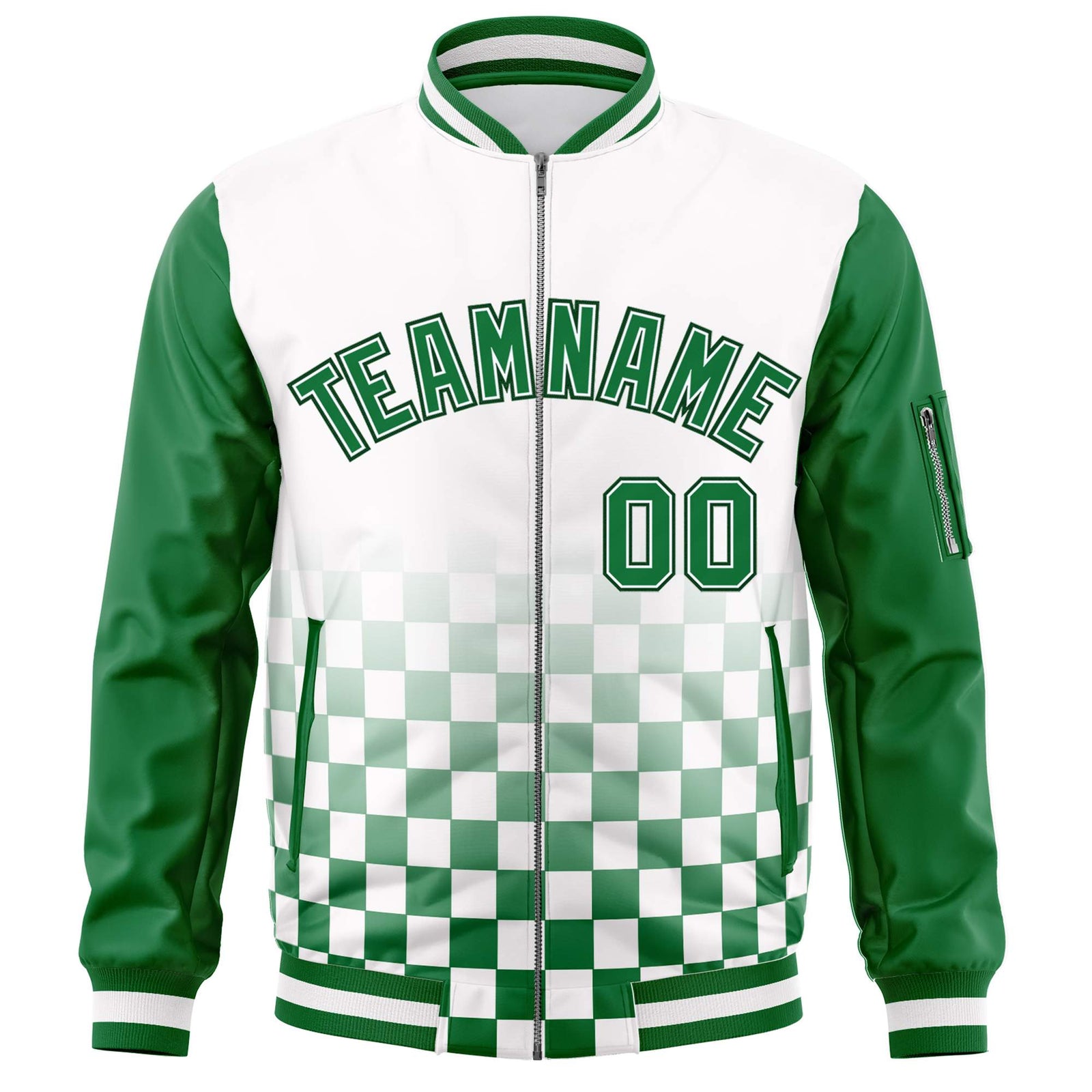Custom White Green Grid Varsity Full-Zip Color Block Letterman Raglan Sleeve Jacket