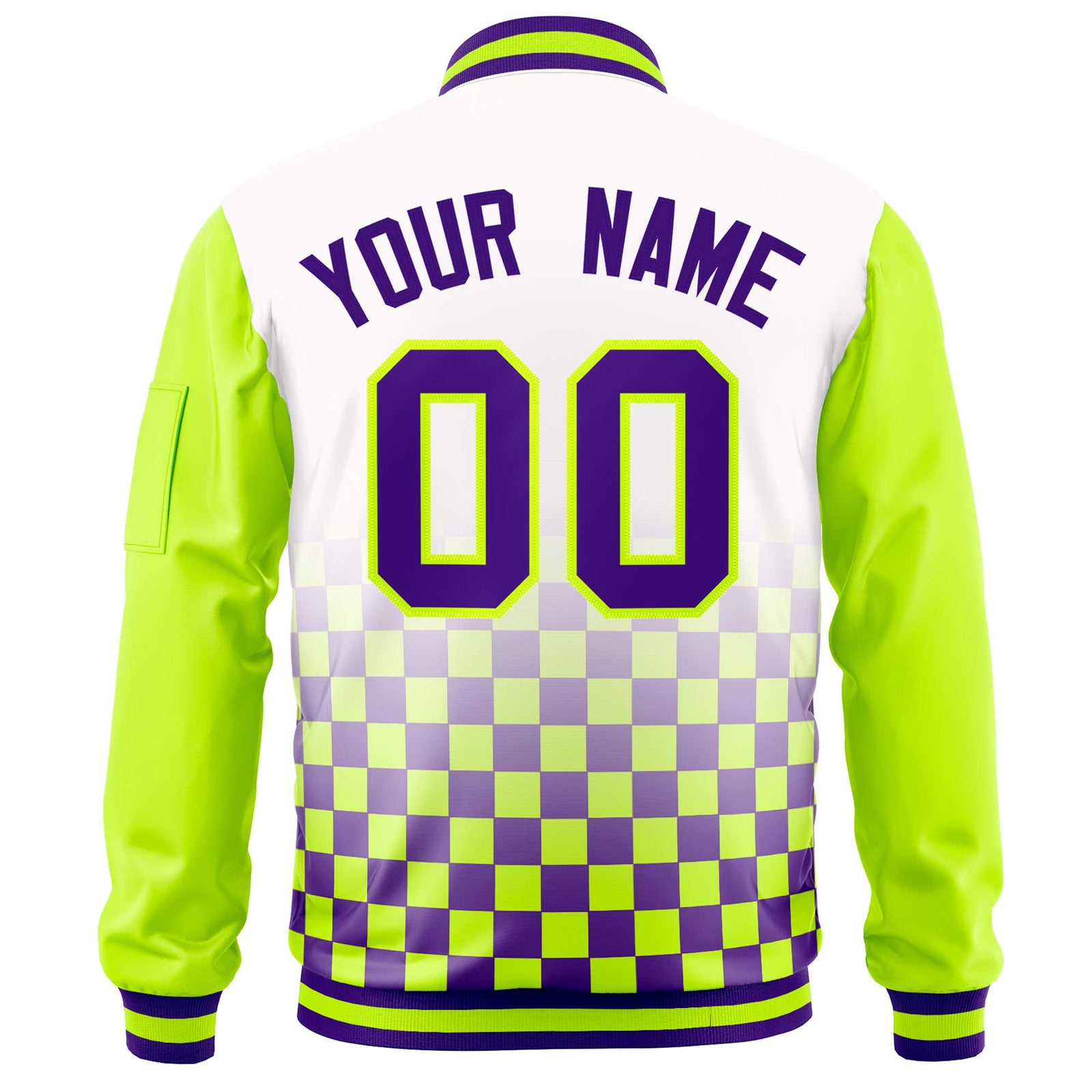 Custom White Purple-Neon Green Grid Varsity Full-Zip Color Block Letterman Raglan Sleeve Jacket