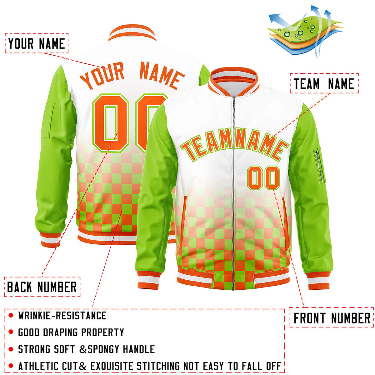 Custom White Orange-Neon Green Grid Varsity Full-Zip Color Block Letterman Raglan Sleeve Jacket