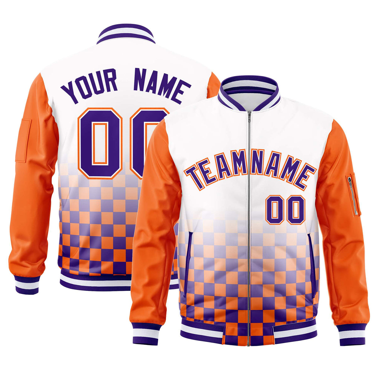 Custom White Purple-Orange Grid Varsity Full-Zip Color Block Letterman Raglan Sleeve Jacket
