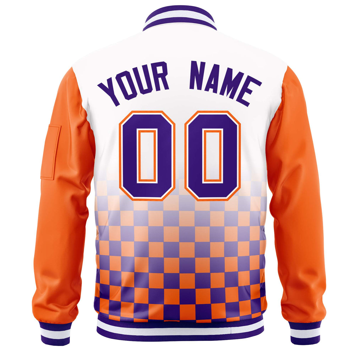 Custom White Purple-Orange Grid Varsity Full-Zip Color Block Letterman Raglan Sleeve Jacket