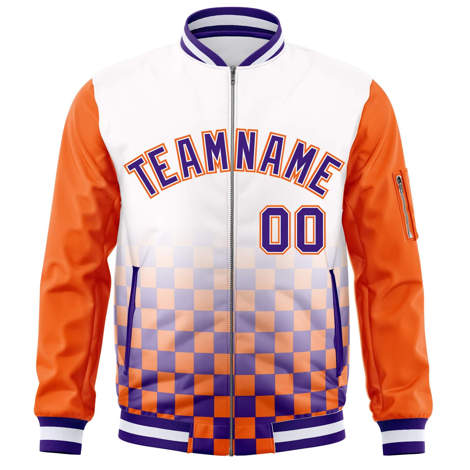 Custom White Purple-Orange Grid Varsity Full-Zip Color Block Letterman Raglan Sleeve Jacket