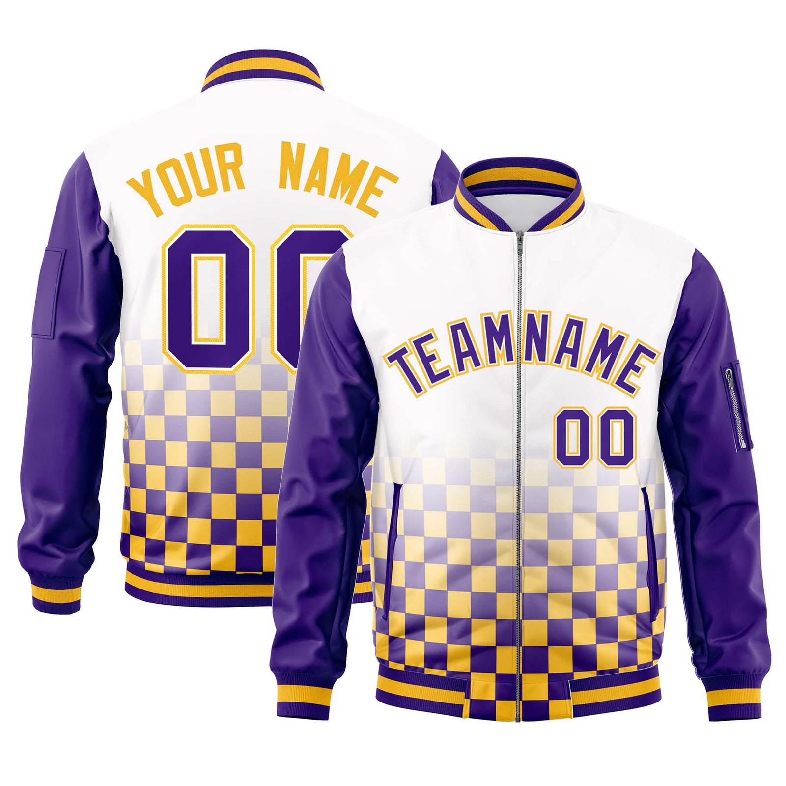 Custom White Purple-Gold Grid Varsity Full-Zip Color Block Letterman Raglan Sleeve Jacket