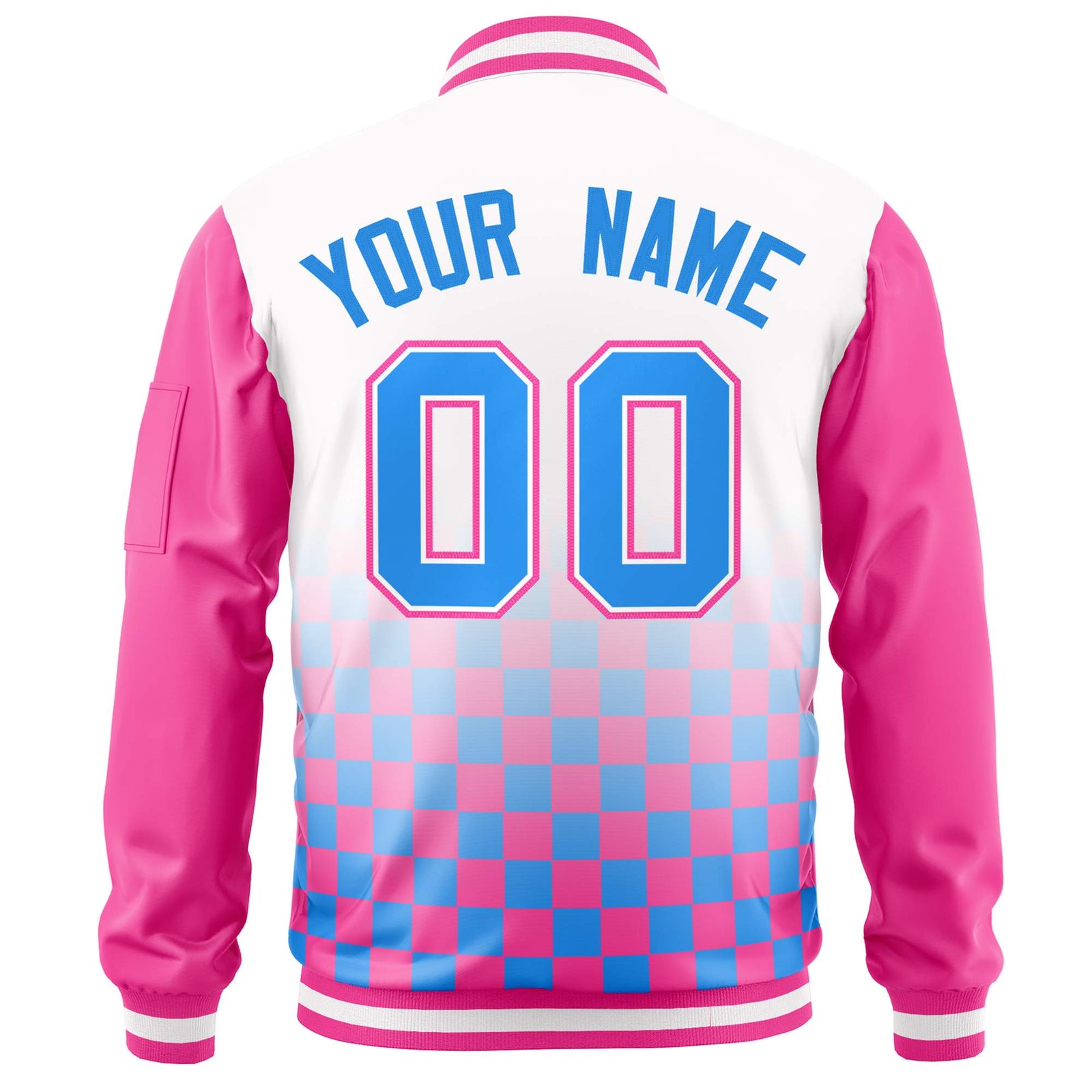 Custom White Powder Blue-Pink Grid Varsity Full-Zip Color Block Letterman Raglan Sleeve Jacket