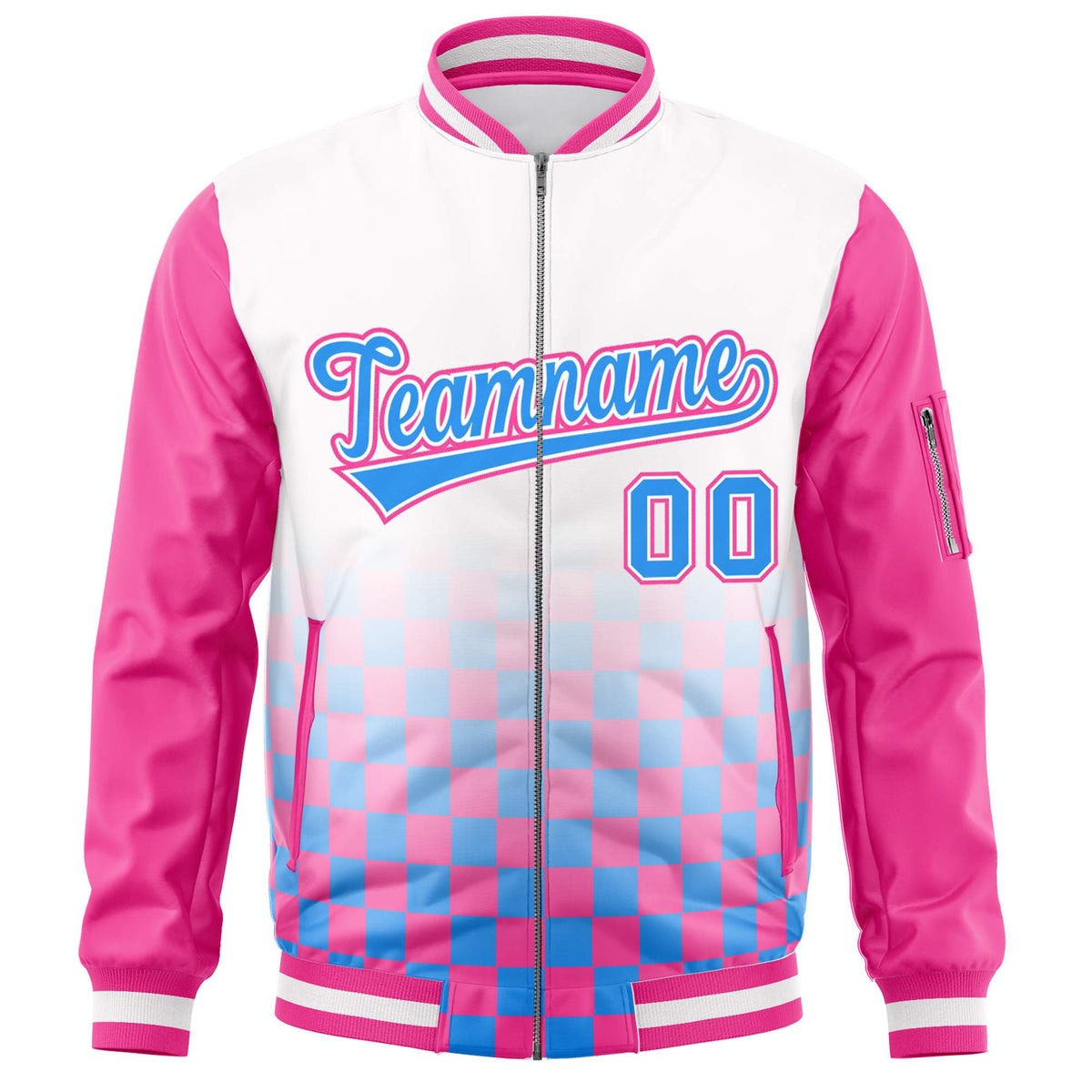 Custom White Powder Blue-Pink Grid Varsity Full-Zip Color Block Letterman Raglan Sleeve Jacket