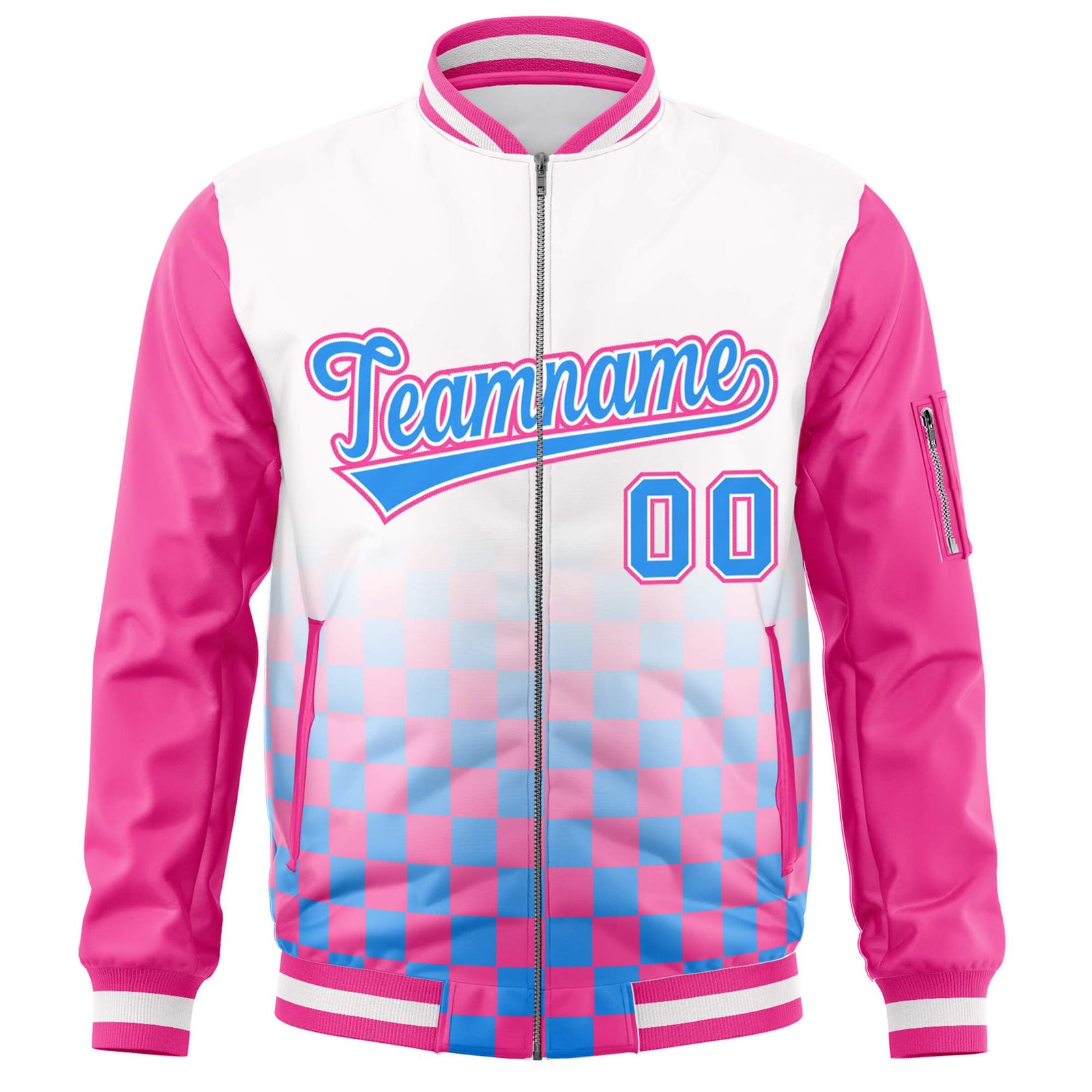 Custom White Powder Blue-Pink Grid Varsity Full-Zip Color Block Letterman Raglan Sleeve Jacket