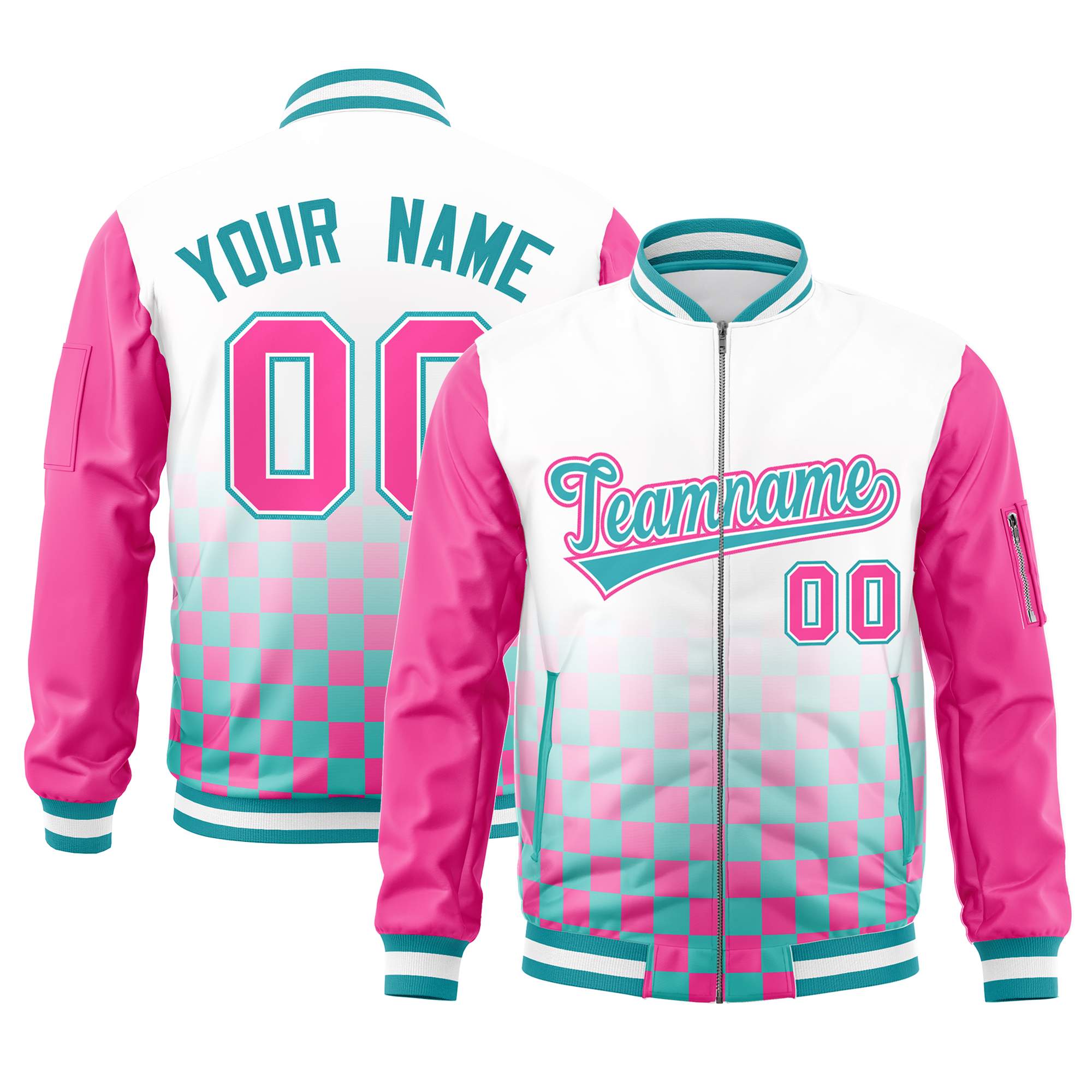 Custom White Aqua-Pink Grid Varsity Full-Zip Color Block Letterman Raglan Sleeve Jacket