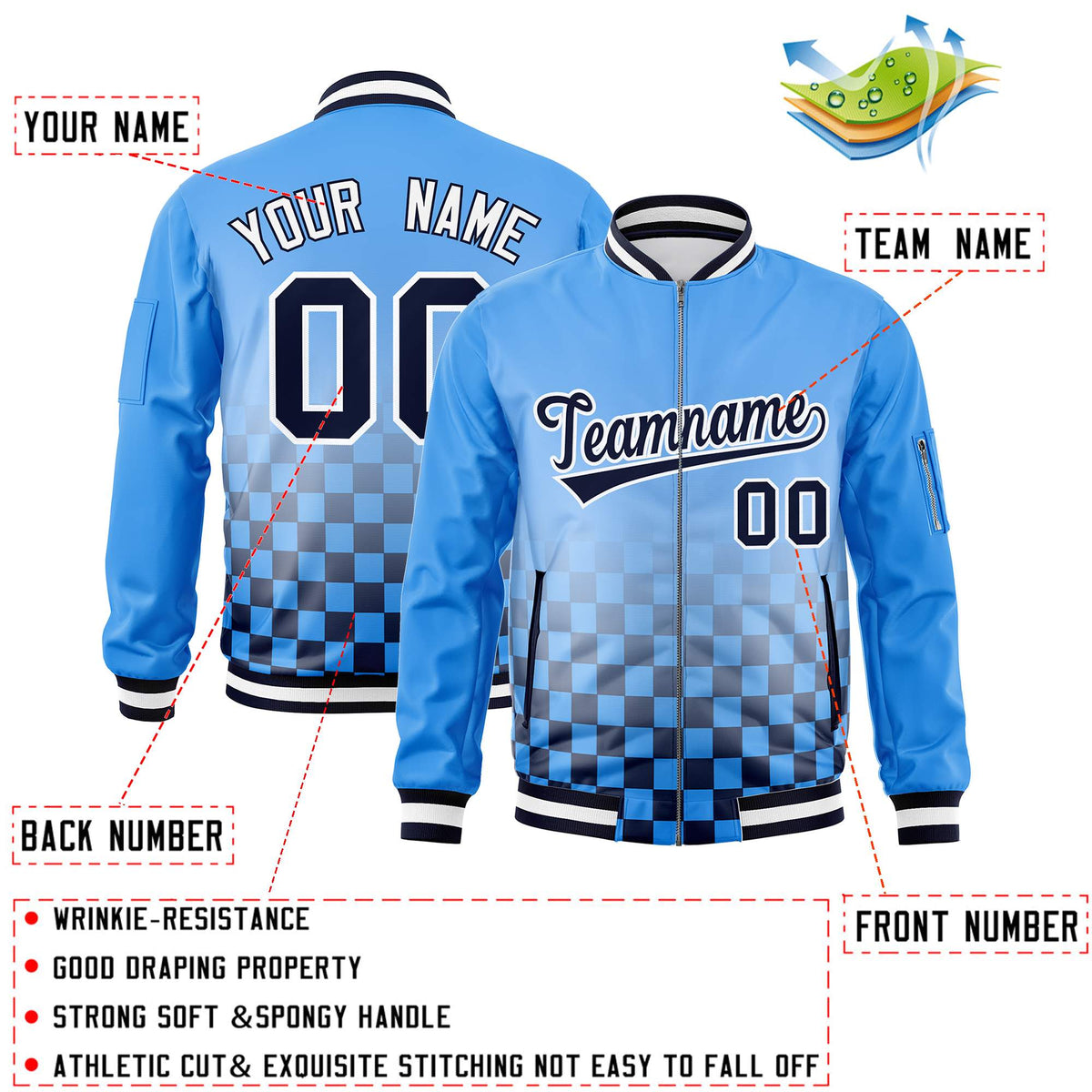 Custom Powder Blue Navy-White Grid Varsity Full-Zip Color Block Letterman Bomber Jacket