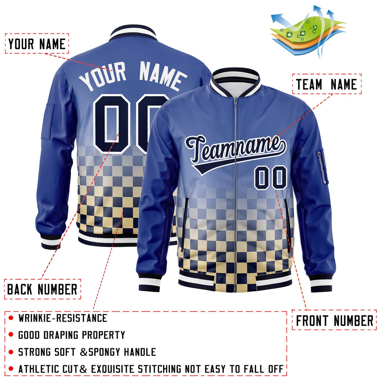 Custom Royal Navy-White Grid Varsity Full-Zip Color Block Letterman Bomber Jacket