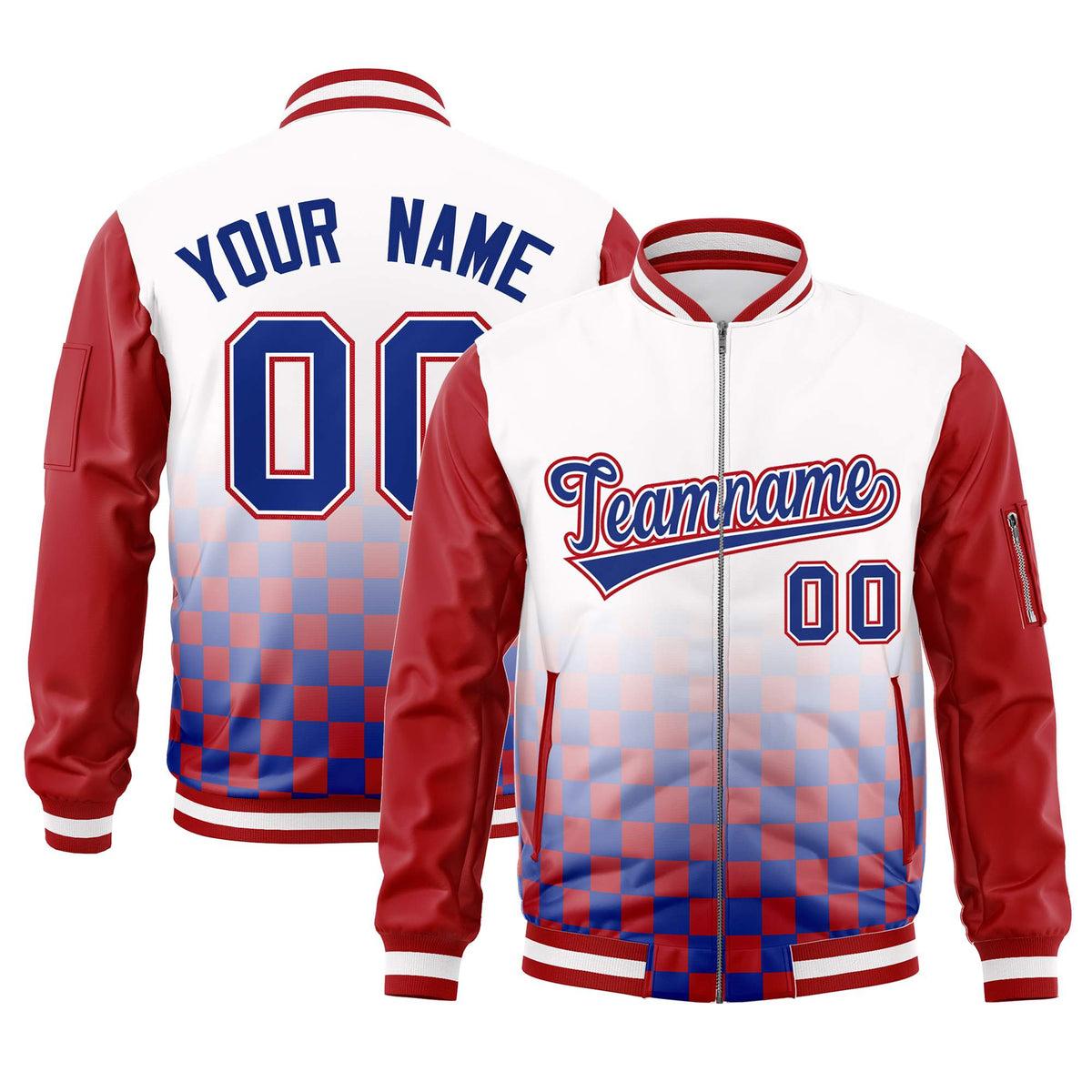 Custom White Royal-Red Grid Varsity Full-Zip Color Block Letterman Raglan Sleeve Jacket