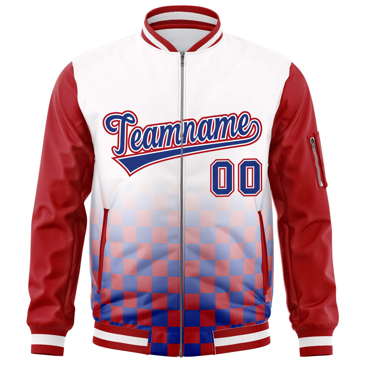 Custom White Royal-Red Grid Varsity Full-Zip Color Block Letterman Raglan Sleeve Jacket