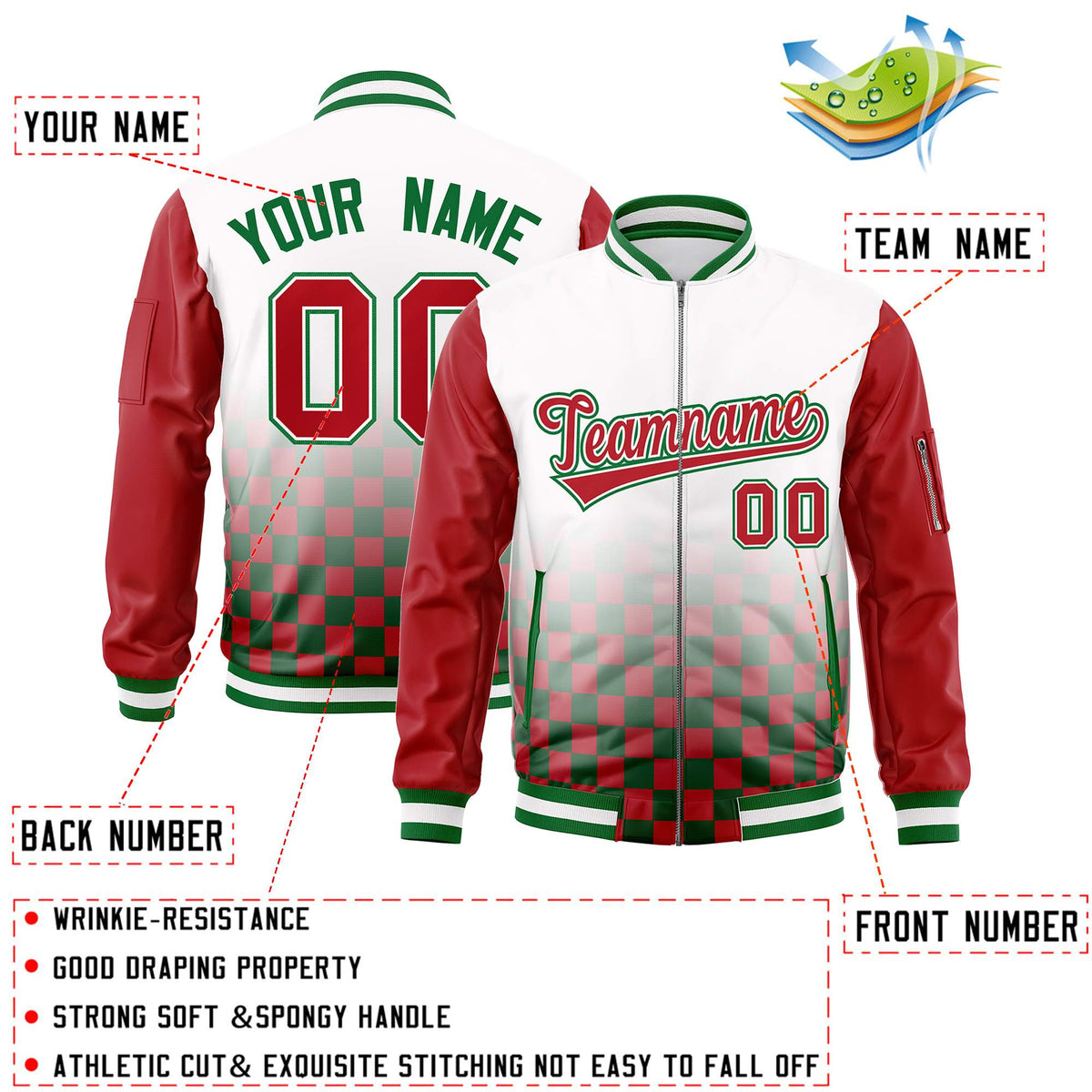 Custom White Red-Kelly Green Grid Varsity Full-Zip Color Block Letterman Raglan Sleeve Jacket