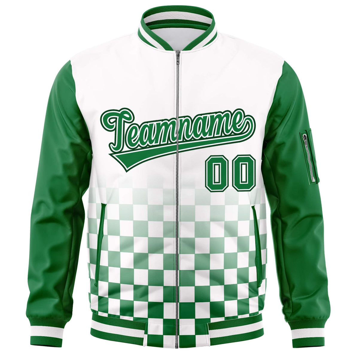 Custom White Green Grid Varsity Full-Zip Color Block Letterman Raglan Sleeve Jacket