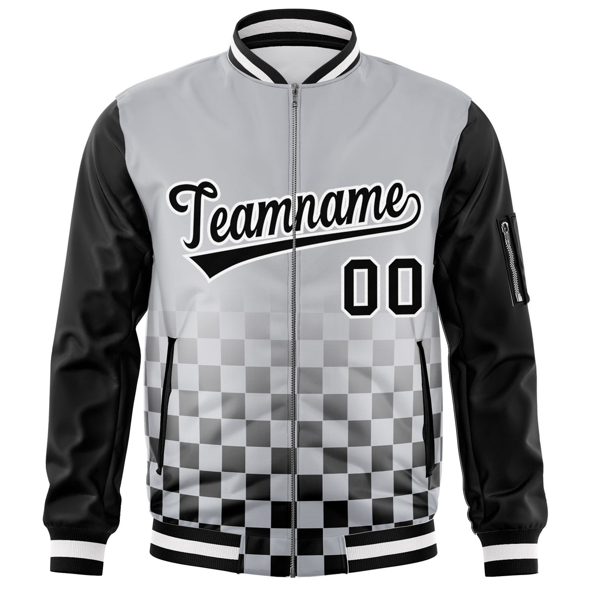 Custom Gray Black-White Grid Varsity Full-Zip Color Block Letterman Raglan Sleeve Jacket