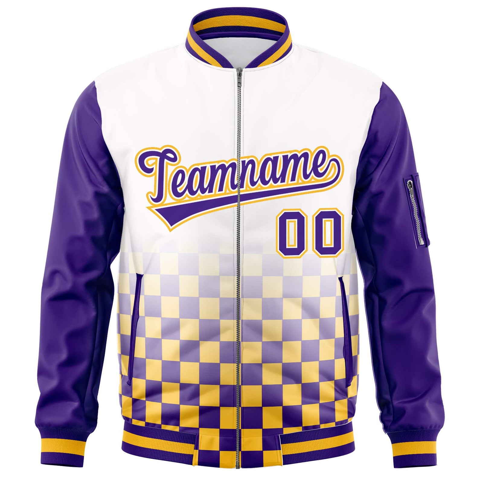 Custom White Purple-Gold Grid Varsity Full-Zip Color Block Letterman Raglan Sleeve Jacket