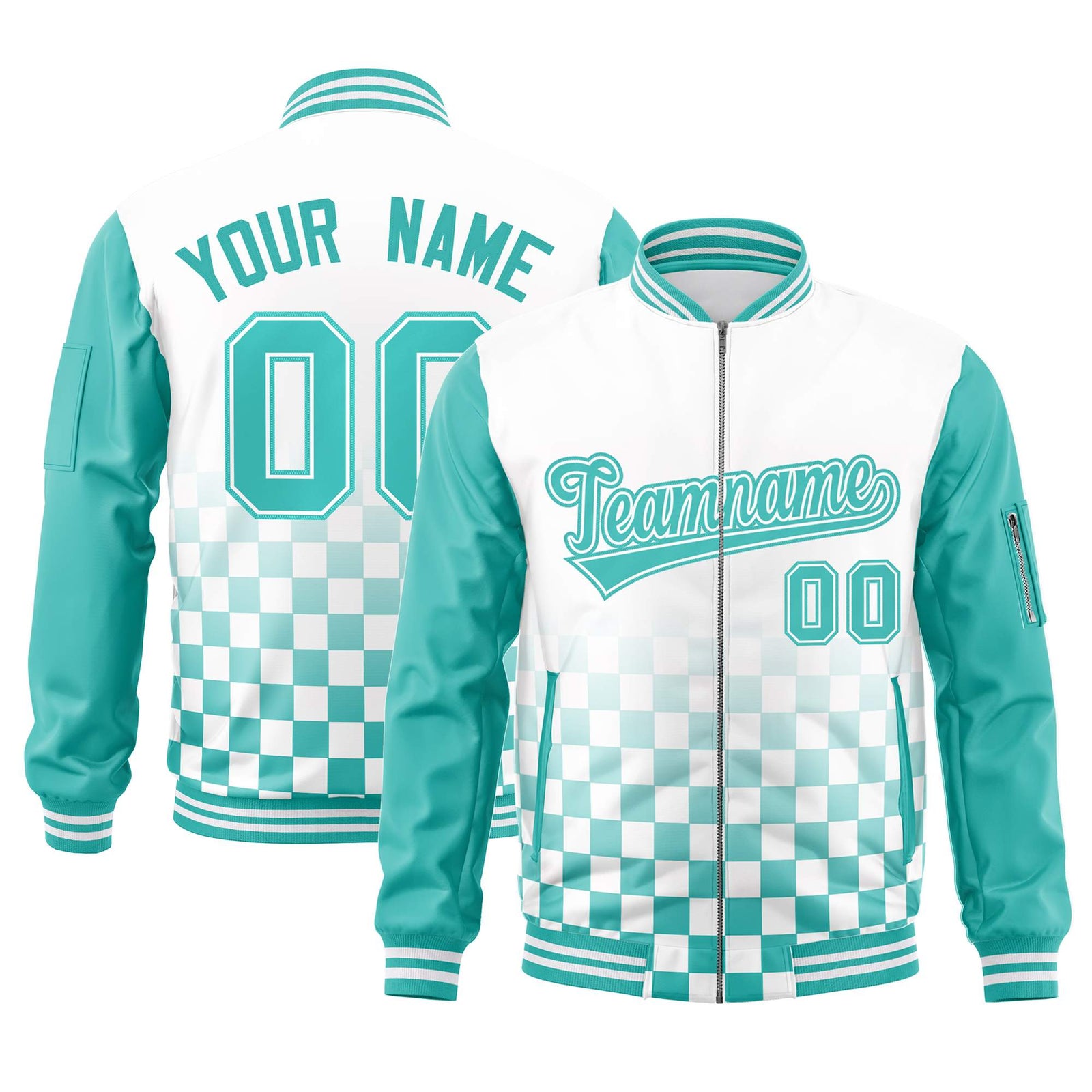 Custom White Aqua Grid Varsity Full-Zip Color Block Letterman Raglan Sleeve Jacket