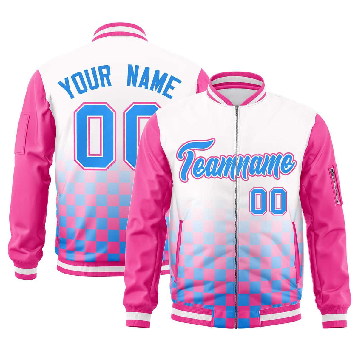 Custom White Powder Blue-Pink Grid Varsity Full-Zip Color Block Letterman Raglan Sleeve Jacket
