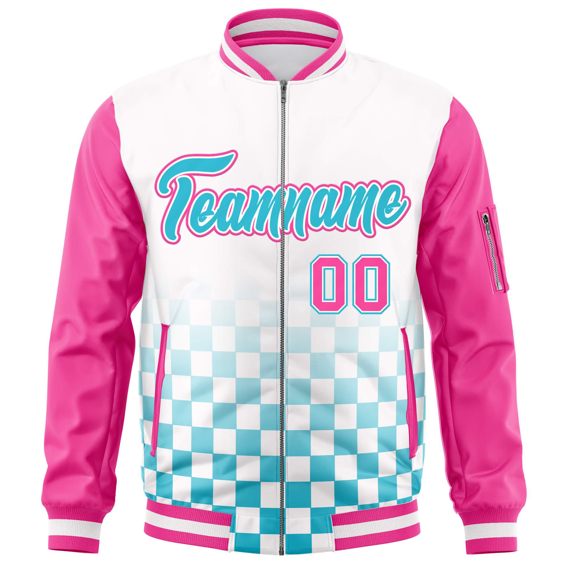 Custom White Light Blue-Pink Grid Varsity Full-Zip Color Block Letterman Raglan Sleeve Jacket
