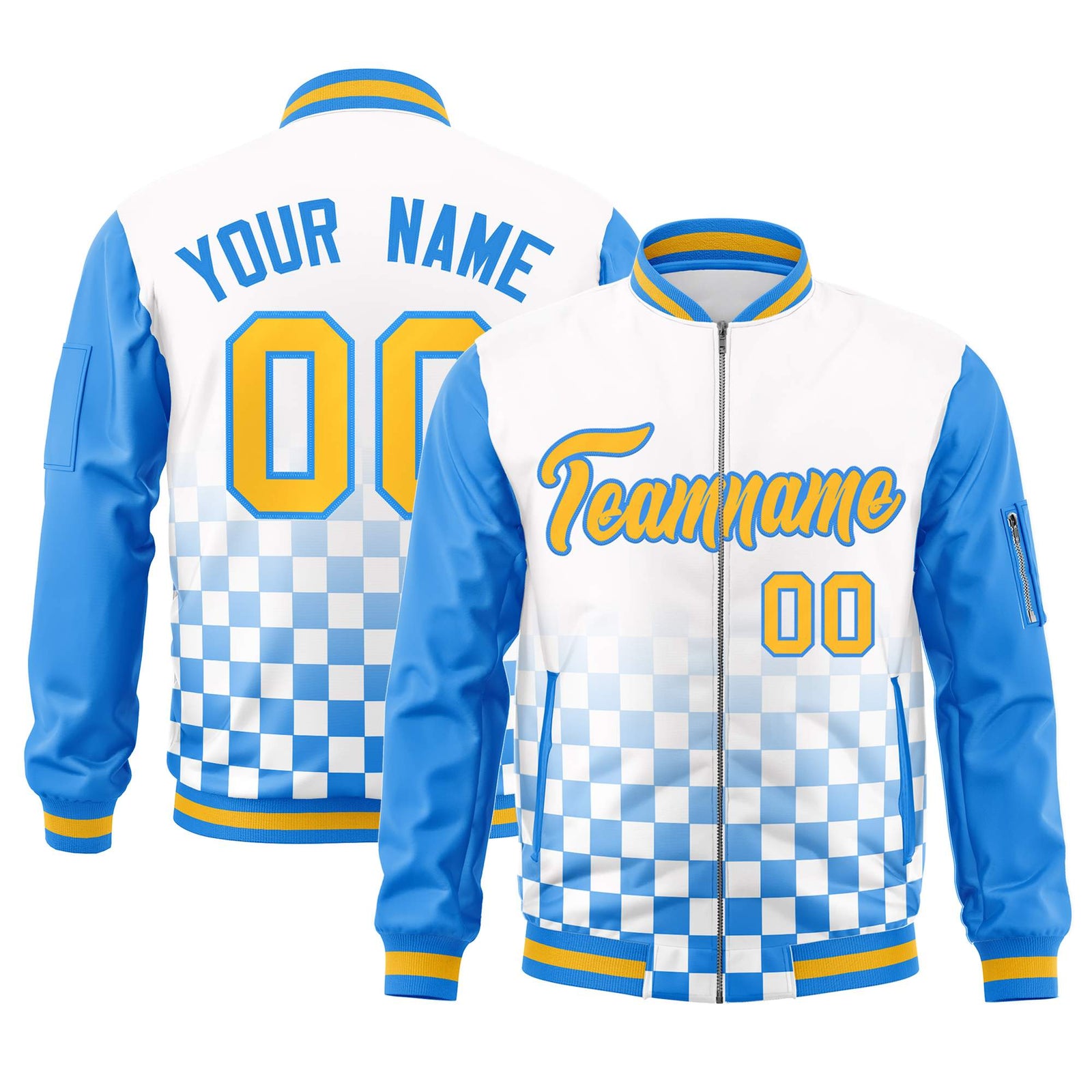 Custom White Gold-Powder Blue Grid Varsity Full-Zip Color Block Letterman Raglan Sleeve Jacket
