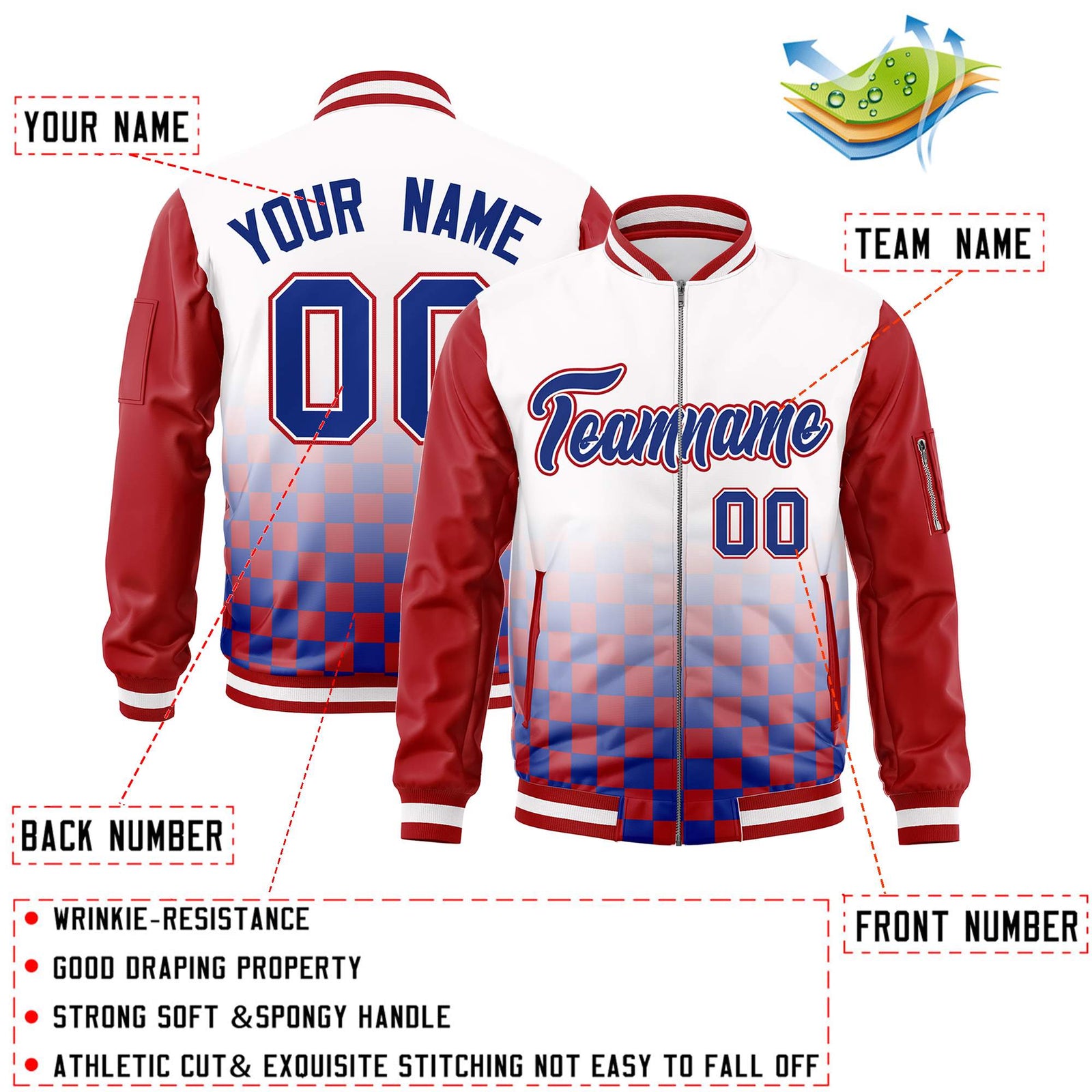 Custom White Royal-Red Grid Varsity Full-Zip Color Block Letterman Raglan Sleeve Jacket