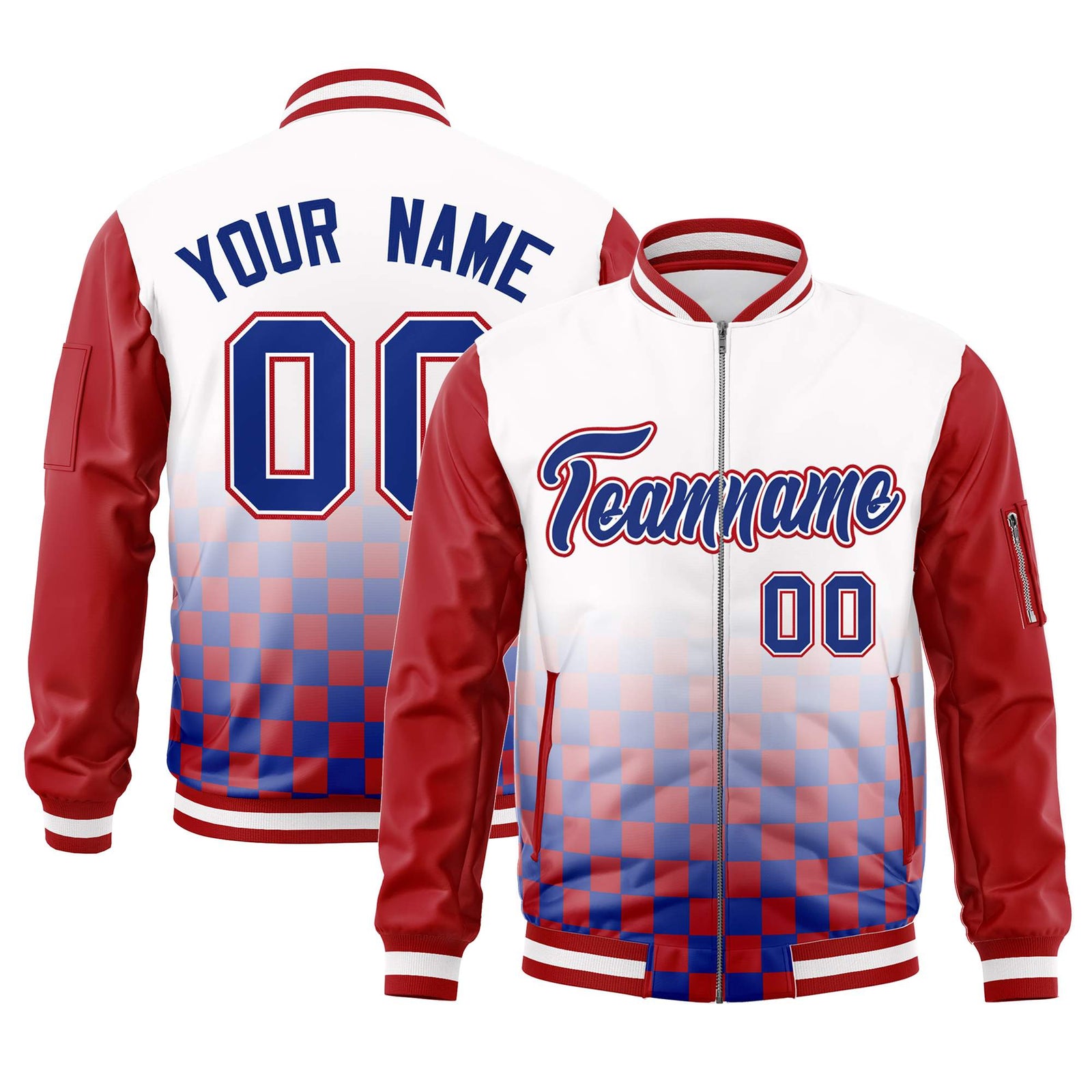 Custom White Royal-Red Grid Varsity Full-Zip Color Block Letterman Raglan Sleeve Jacket