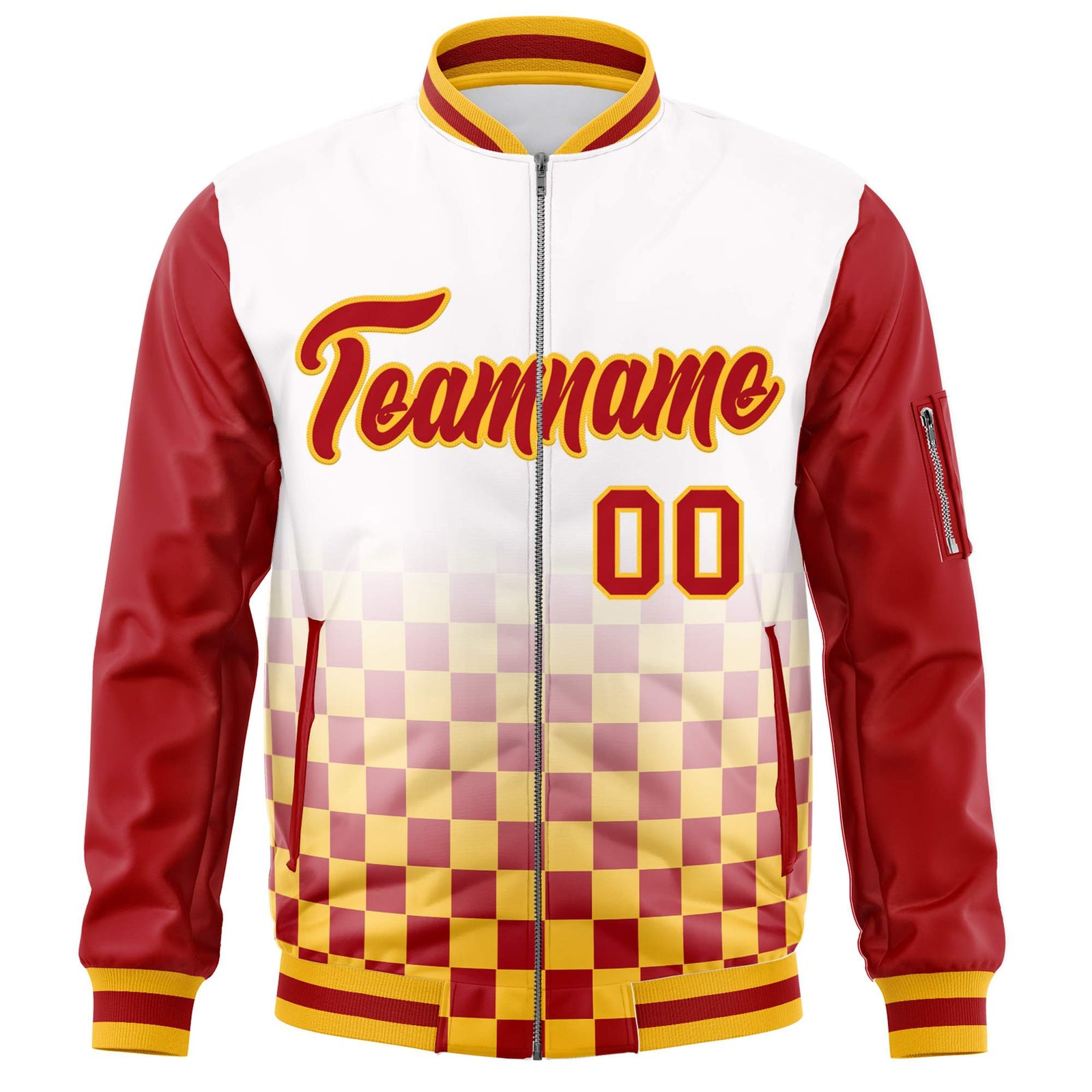 Custom White Red-Gold Grid Varsity Full-Zip Color Block Letterman Raglan Sleeve Jacket