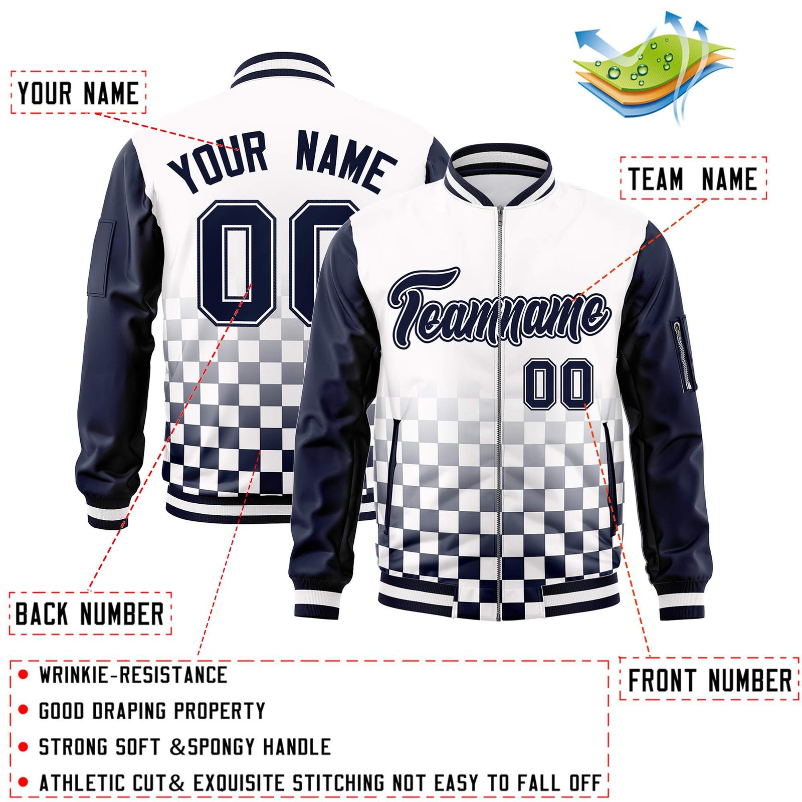 Custom White Navy Grid Varsity Full-Zip Color Block Letterman Raglan Sleeve Jacket