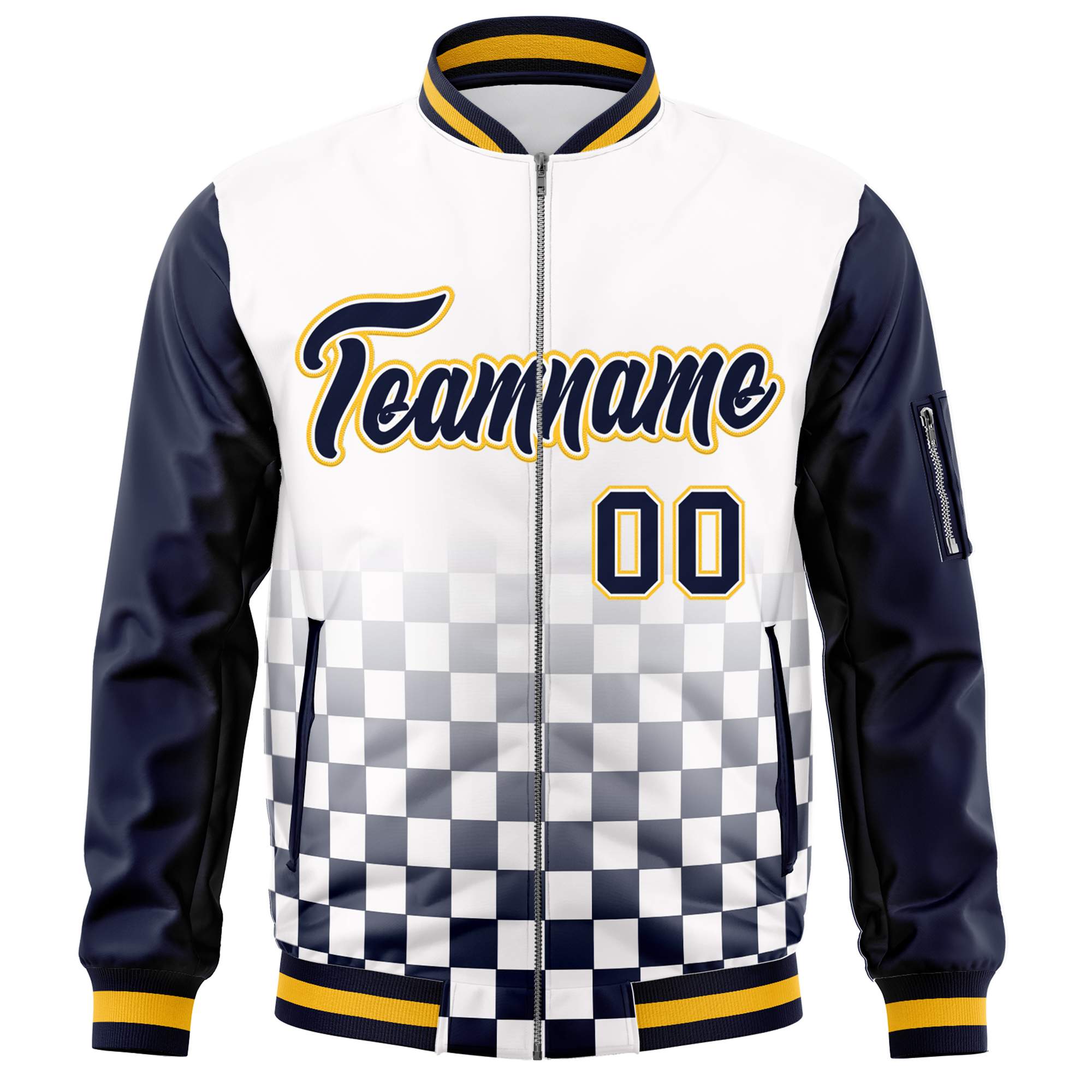 Custom White Navy-Gold Grid Varsity Full-Zip Color Block Letterman Raglan Sleeve Jacket