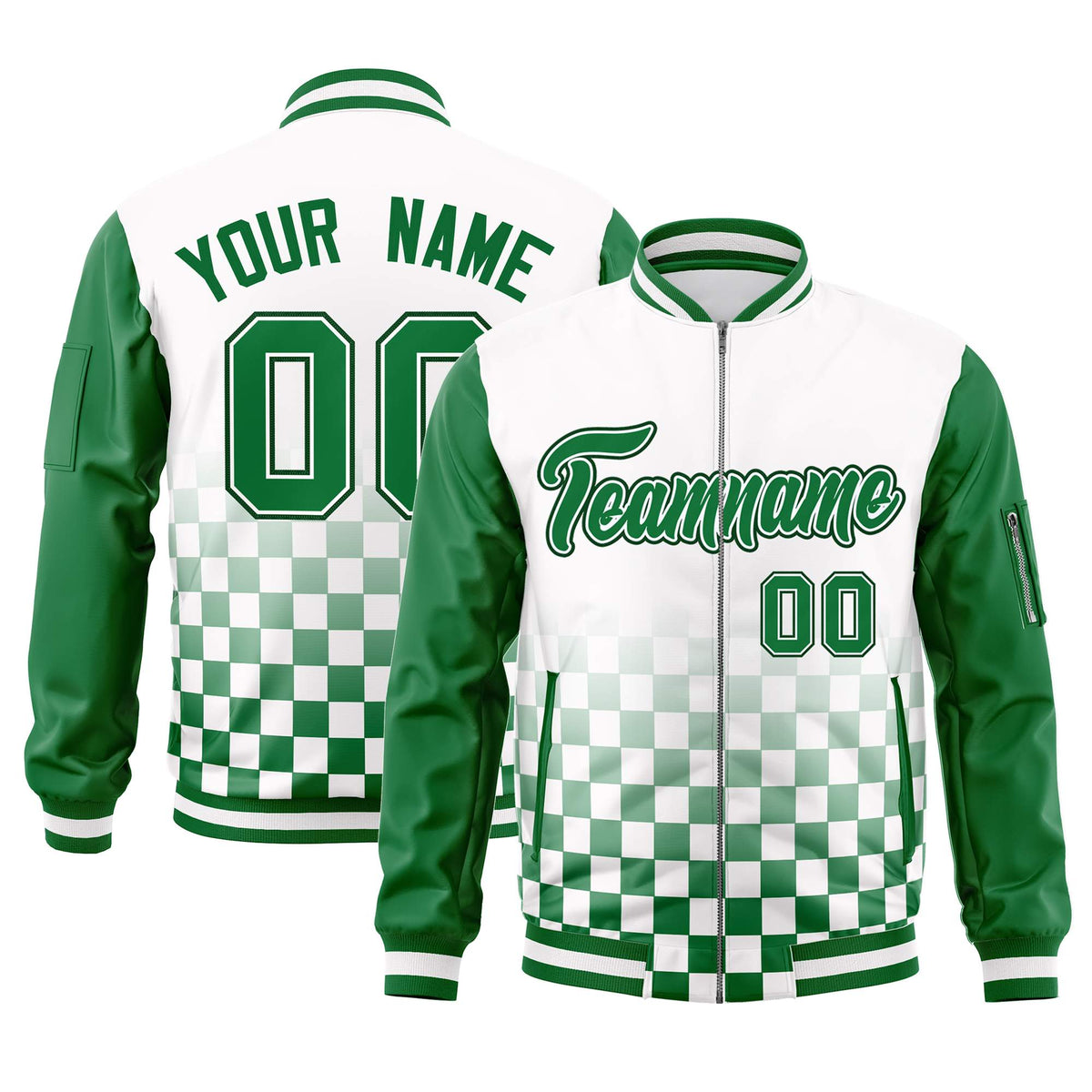 Custom White Green Grid Varsity Full-Zip Color Block Letterman Raglan Sleeve Jacket